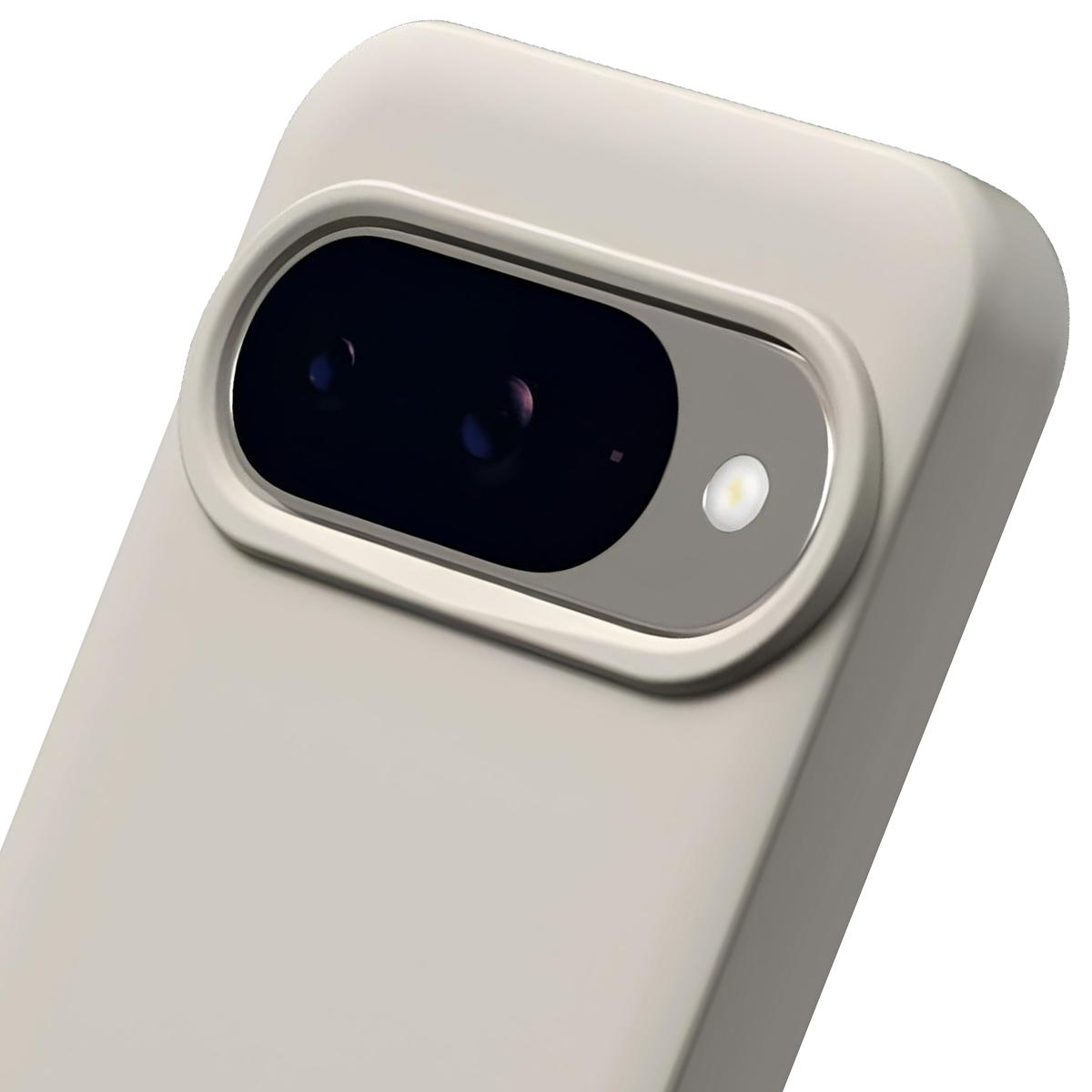 Dettaglio ravvicinato del modulo fotocamera di uno smartphone beige chiaro con due lenti e flash.