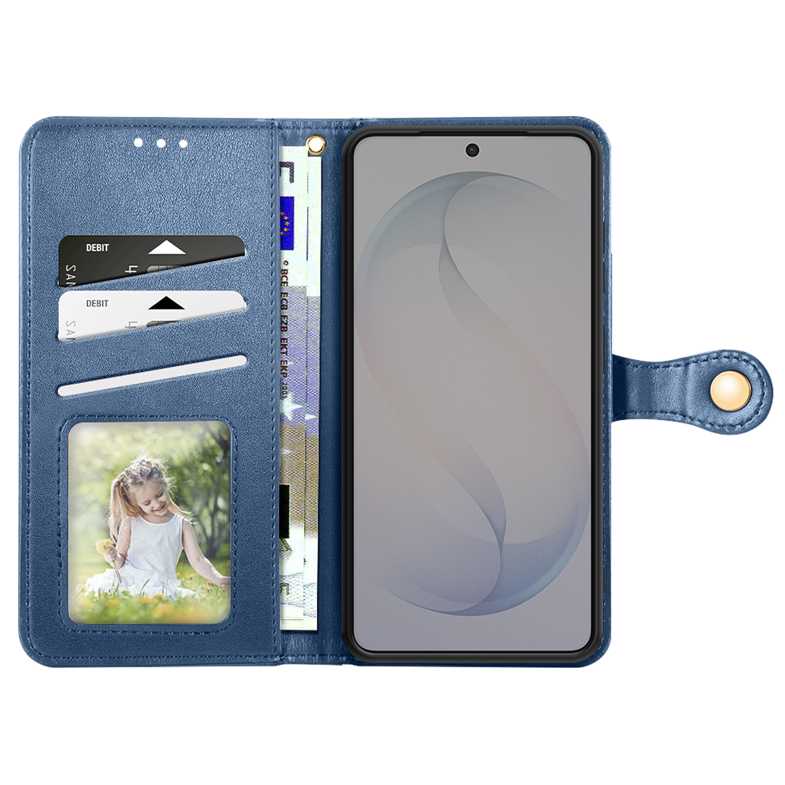 Blaues Klapphandy-Etui mit Kartenfächern, Foto und Geld. Geschlossen mit Knopf.