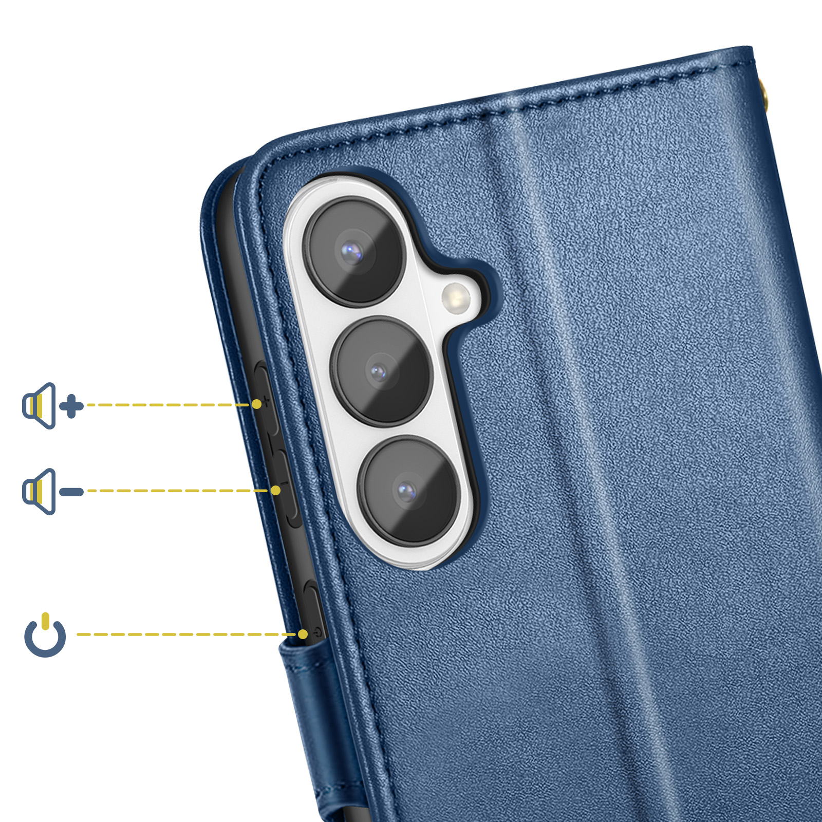 Blaue Handyhülle mit Kameramodul und Lautstärketasten.