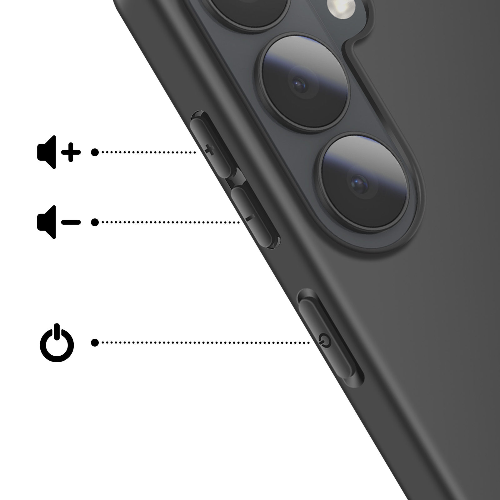 Illustratie van volume omhoog, volume omlaag en aan/uit knoppen op een telefoon.