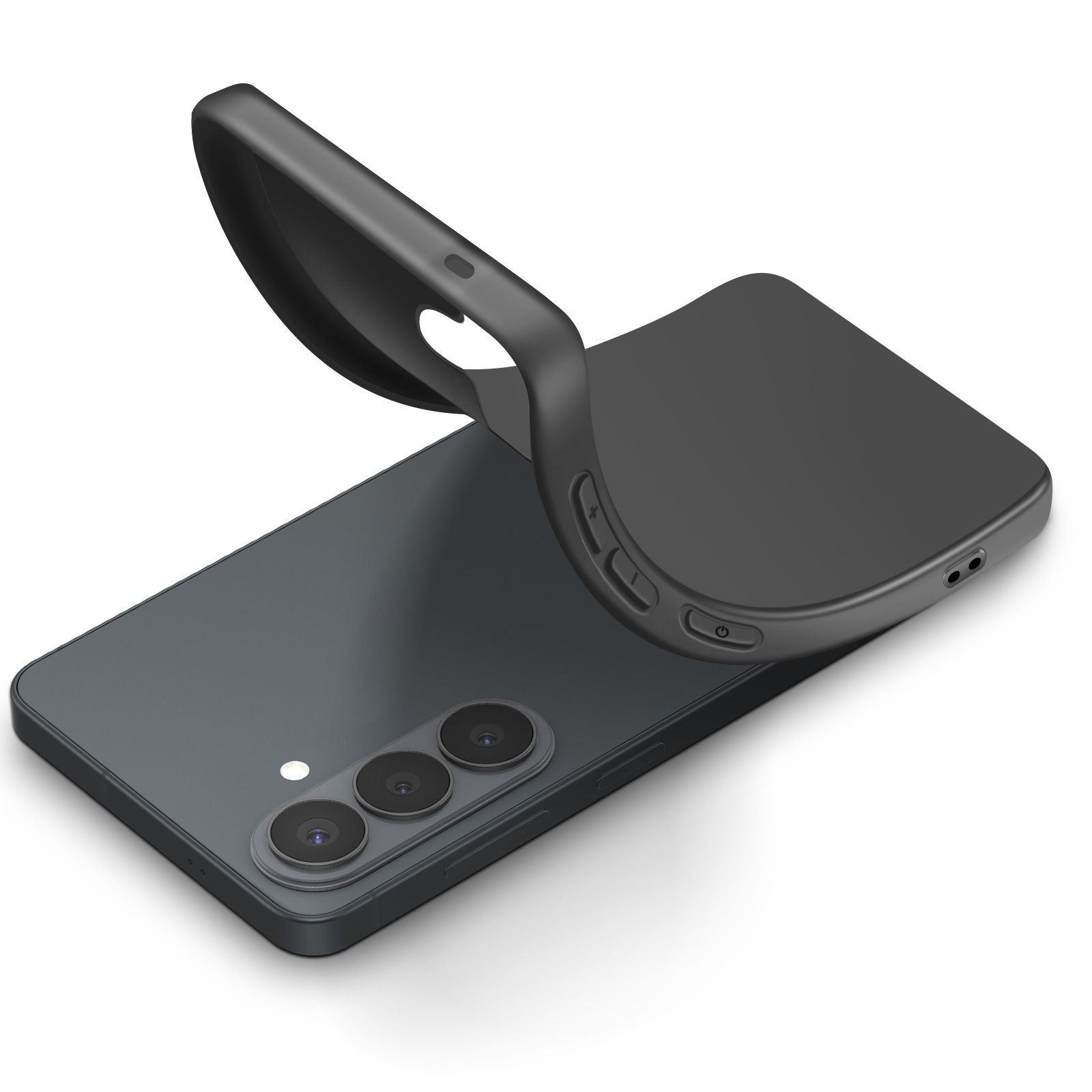 Een zwarte mobiele telefoon met een flexibele hoes die licht over de achterkant buigt. Drie camera's.