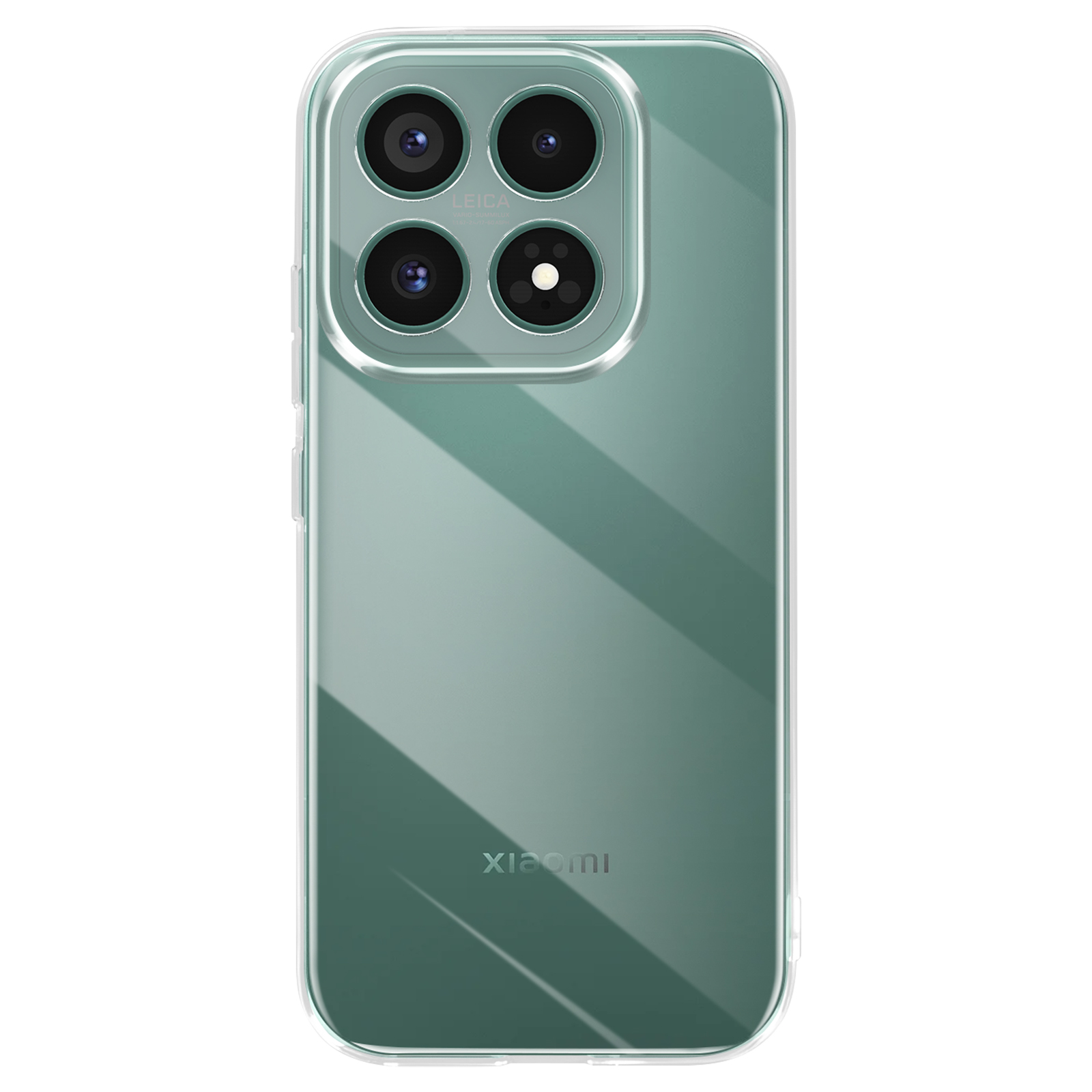 Custodia trasparente color ottanio con quattro obiettivi e logo Xiaomi.