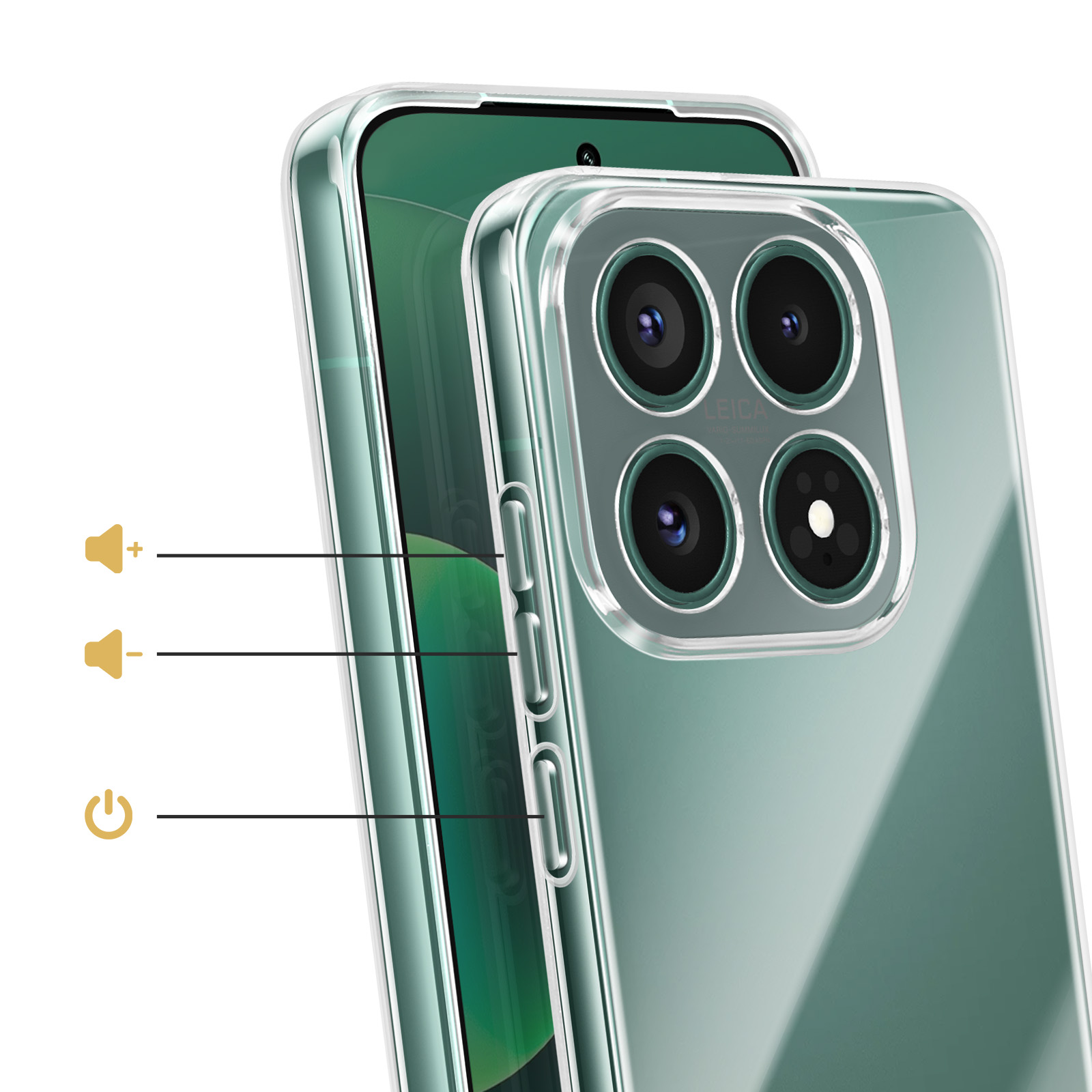 Una custodia trasparente per telefono mostra il retro di un telefono con quattro fotocamere.
