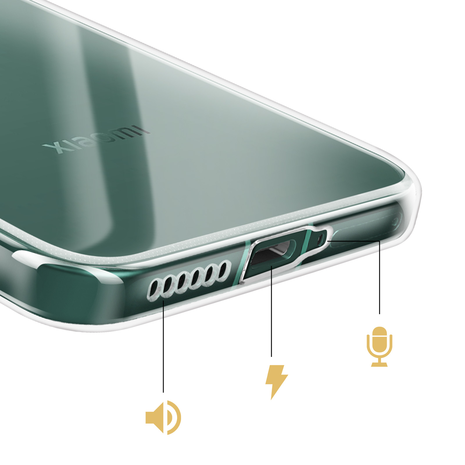 Primo piano di uno smartphone che mostra porte e icone per altoparlante, ricarica e microfono.