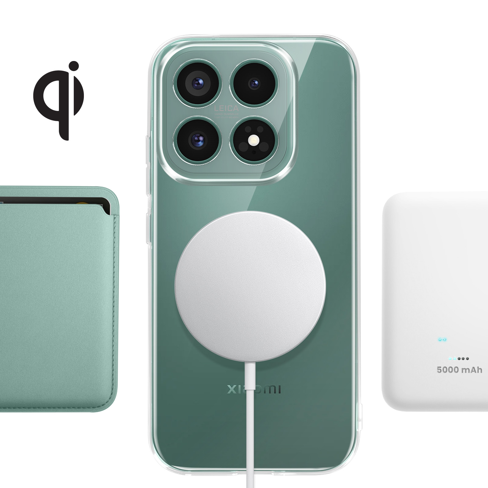 Telefono verde con quattro fotocamere, logo Qi, custodia e power bank.