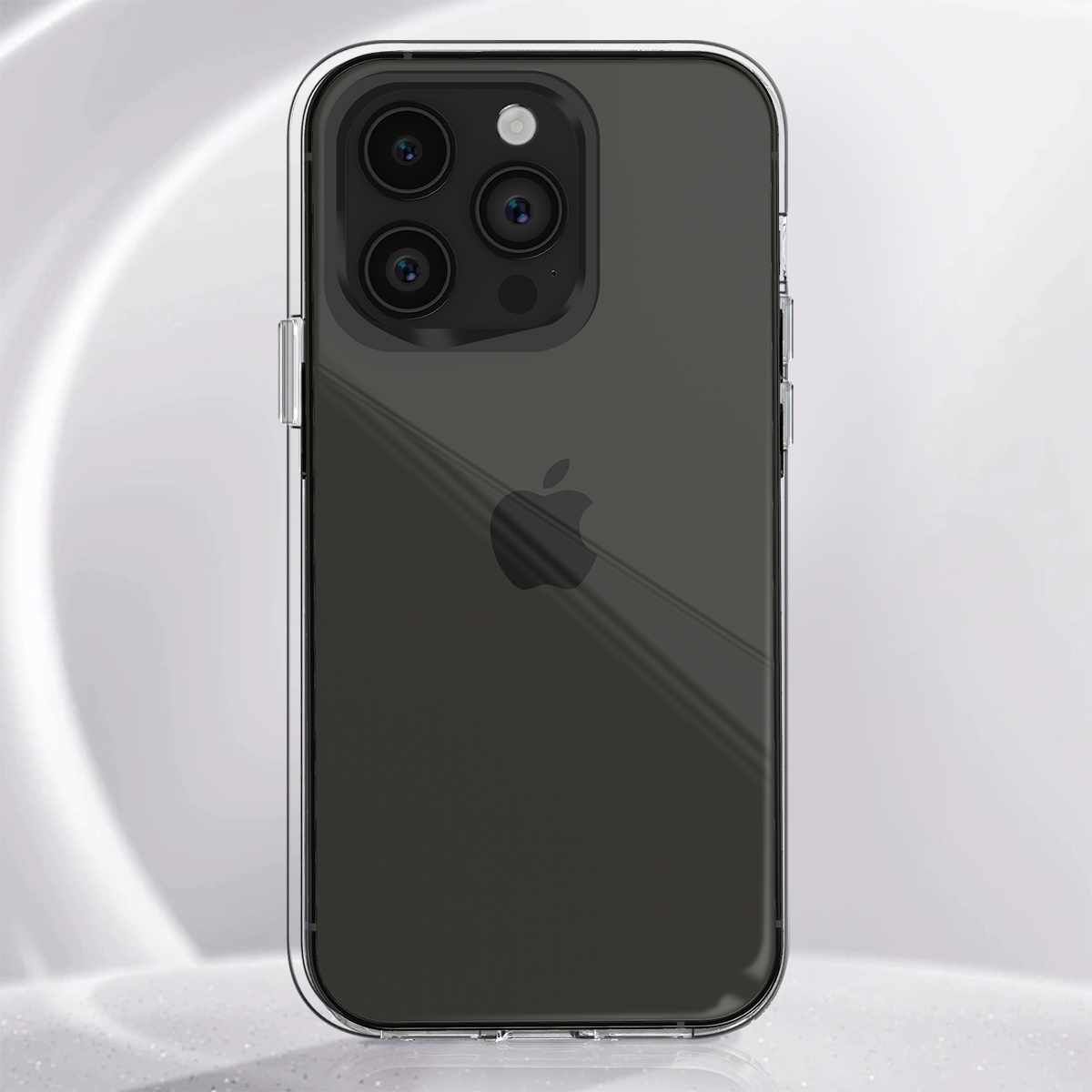 Ein durchsichtiges iPhone-Gehäuse mit drei Kameras und einem Apfel-Logo.