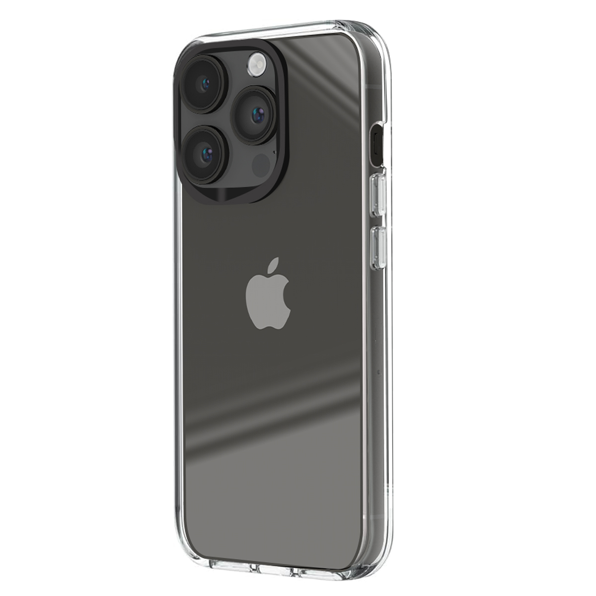 Ein durchsichtiger Handyhülle mit einem dunklen iPhone und drei Kameras.