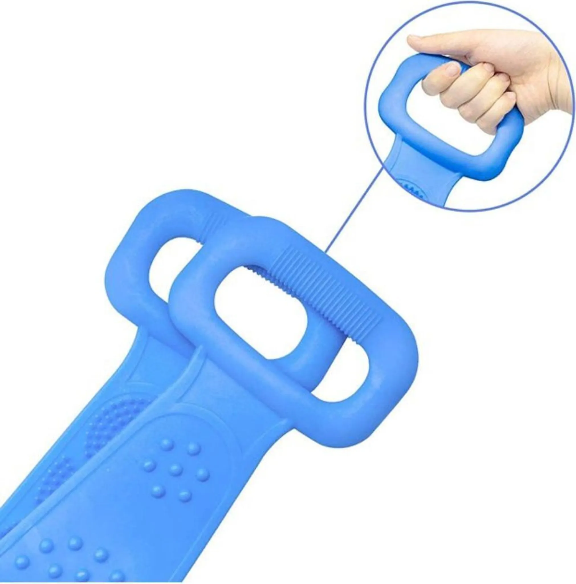 Ein blaues Duschband mit Griffen, das eine Hand hält.
