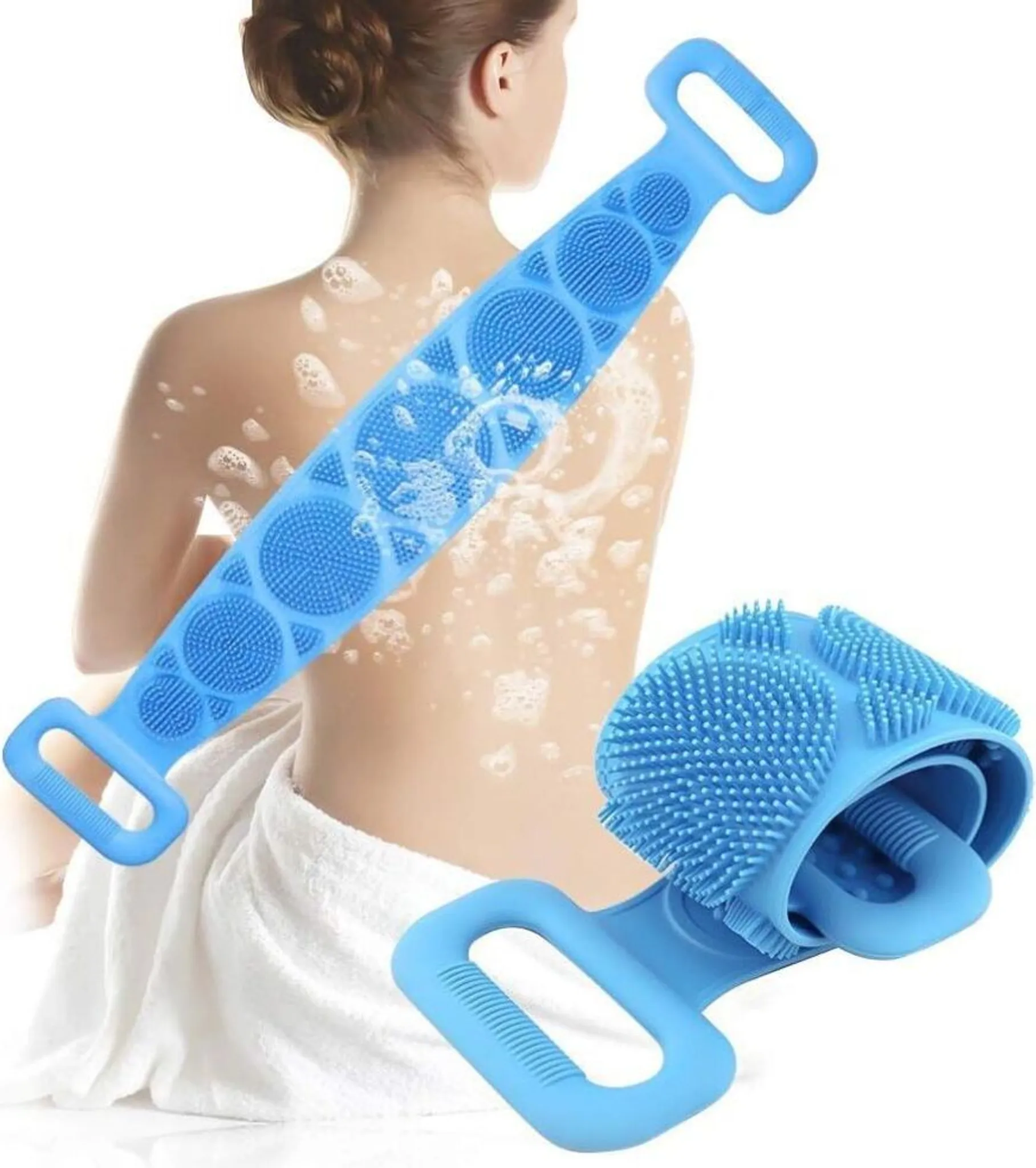 Eine blaue Silikon-Rückenschrubber mit Noppen und Griffen, die auf einem nassen Rücken liegen.