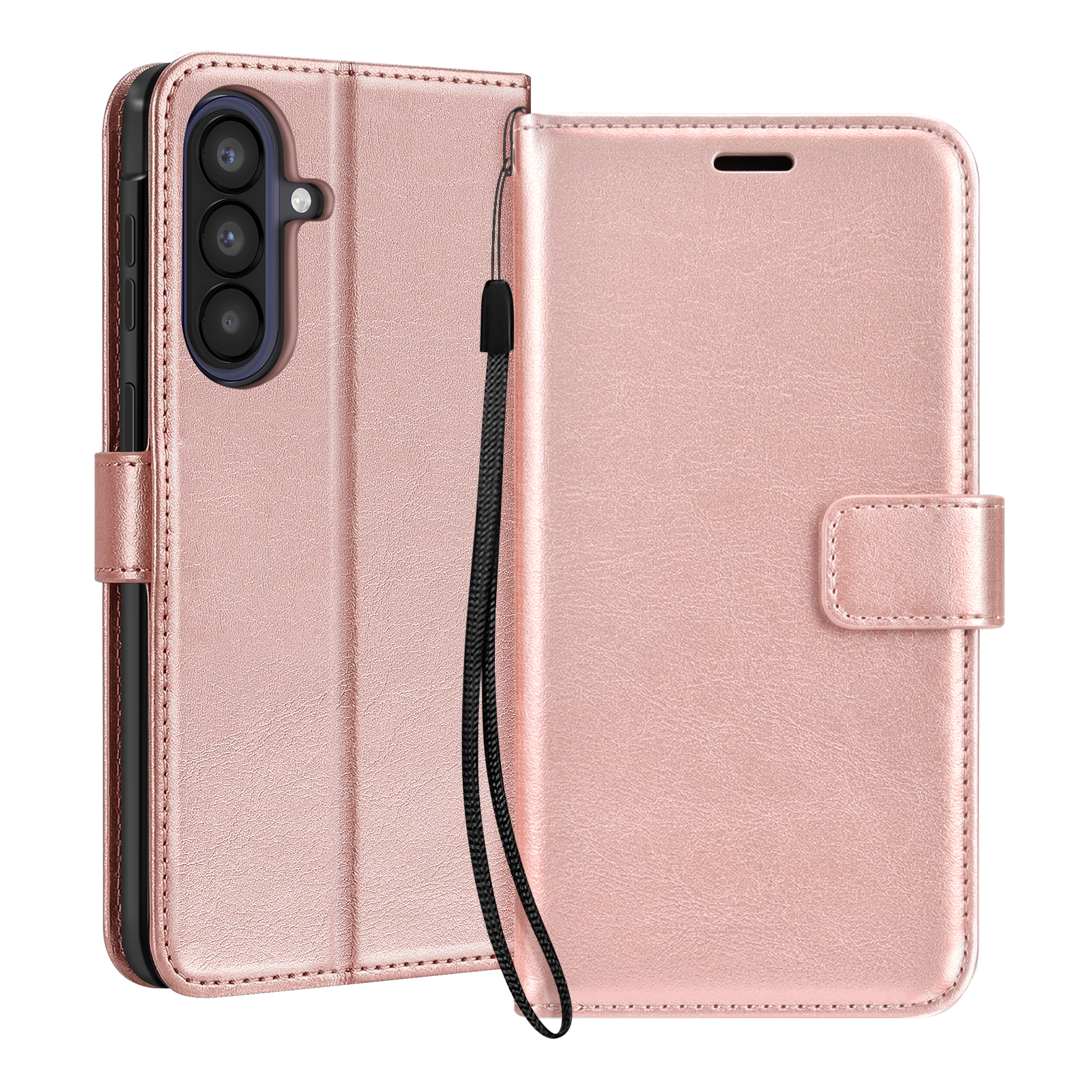 Custodia rosa oro per telefono con ritaglio fotocamera e laccetto su sfondo bianco.