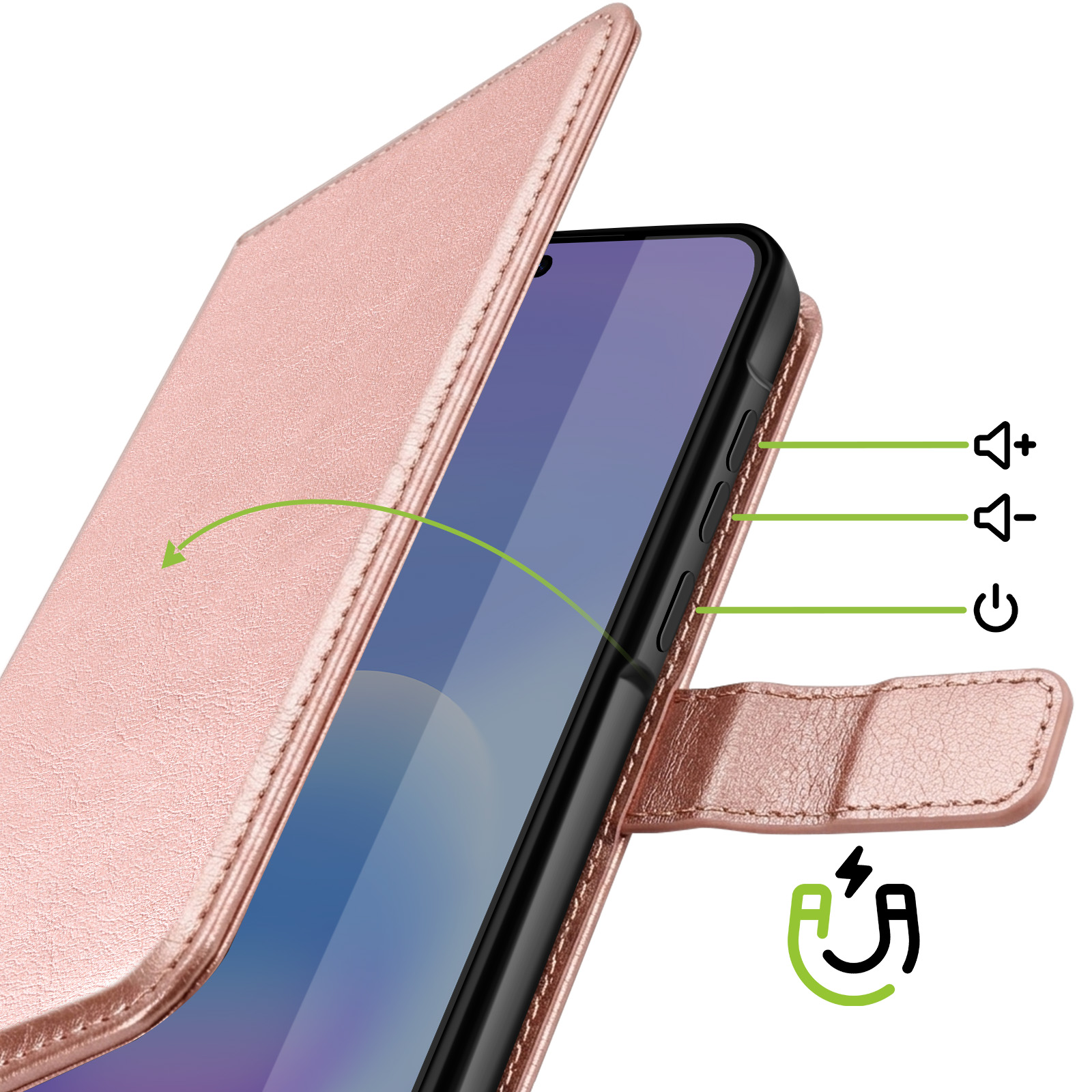 Custodia per telefono oro rosa, con patta aperta, mostra tasti volume e accensione.