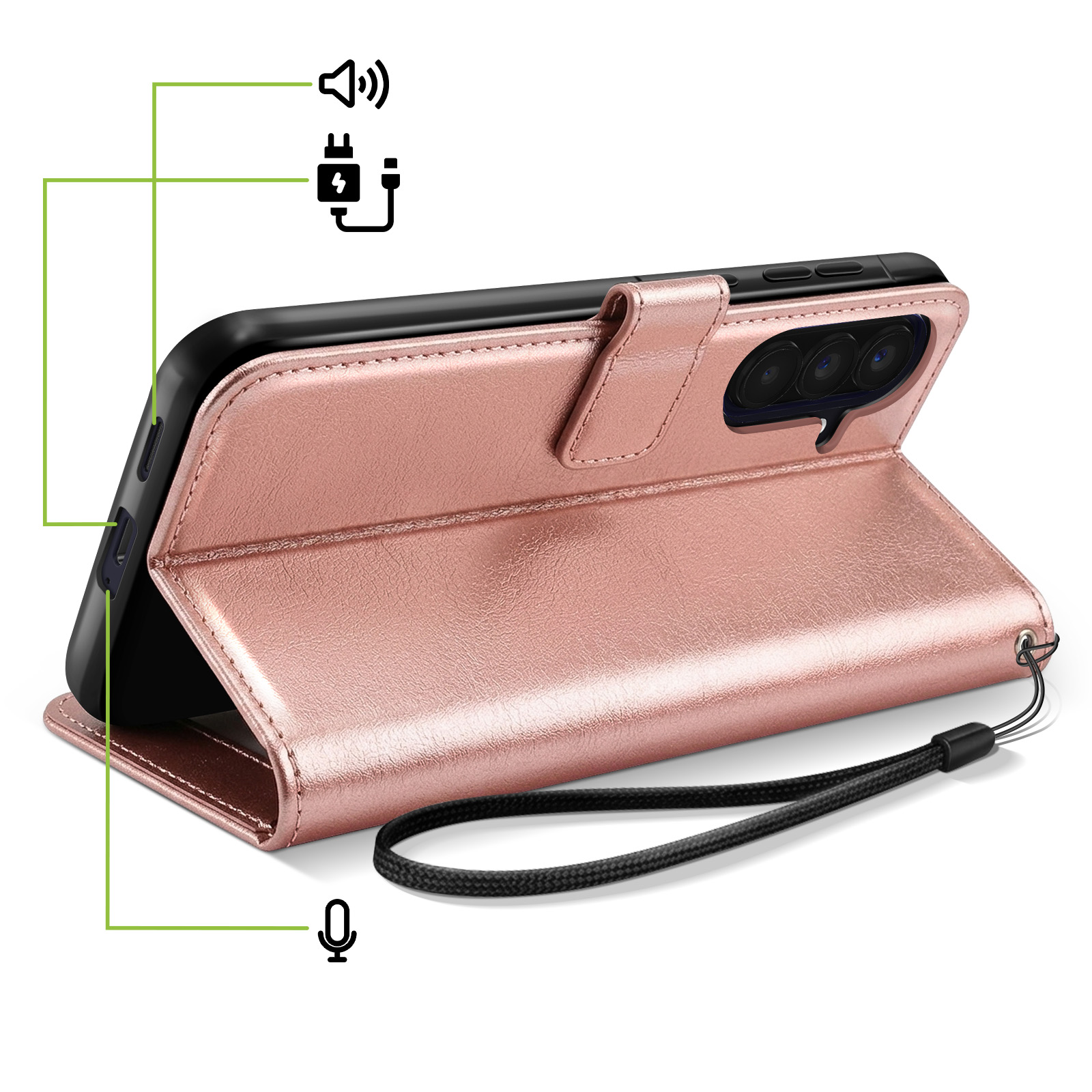 Una custodia per telefono oro rosa con icone di altoparlante, ricarica e microfono.