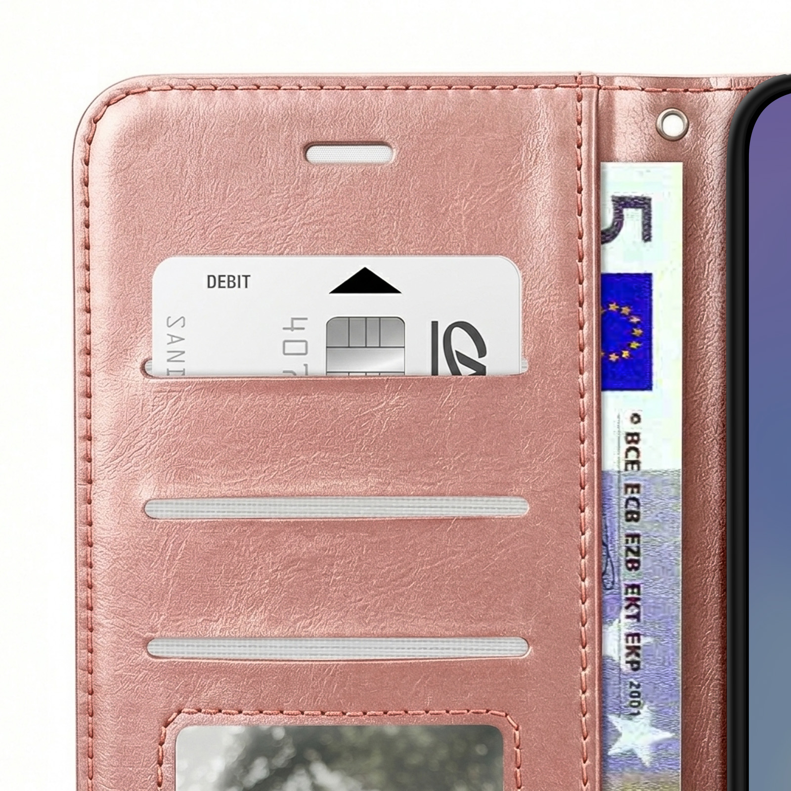 Portafoglio rosa con carta di credito e banconota