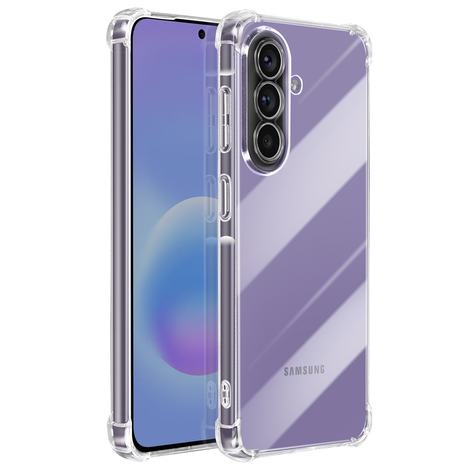 Una custodia trasparente protegge uno smartphone con tre fotocamere.