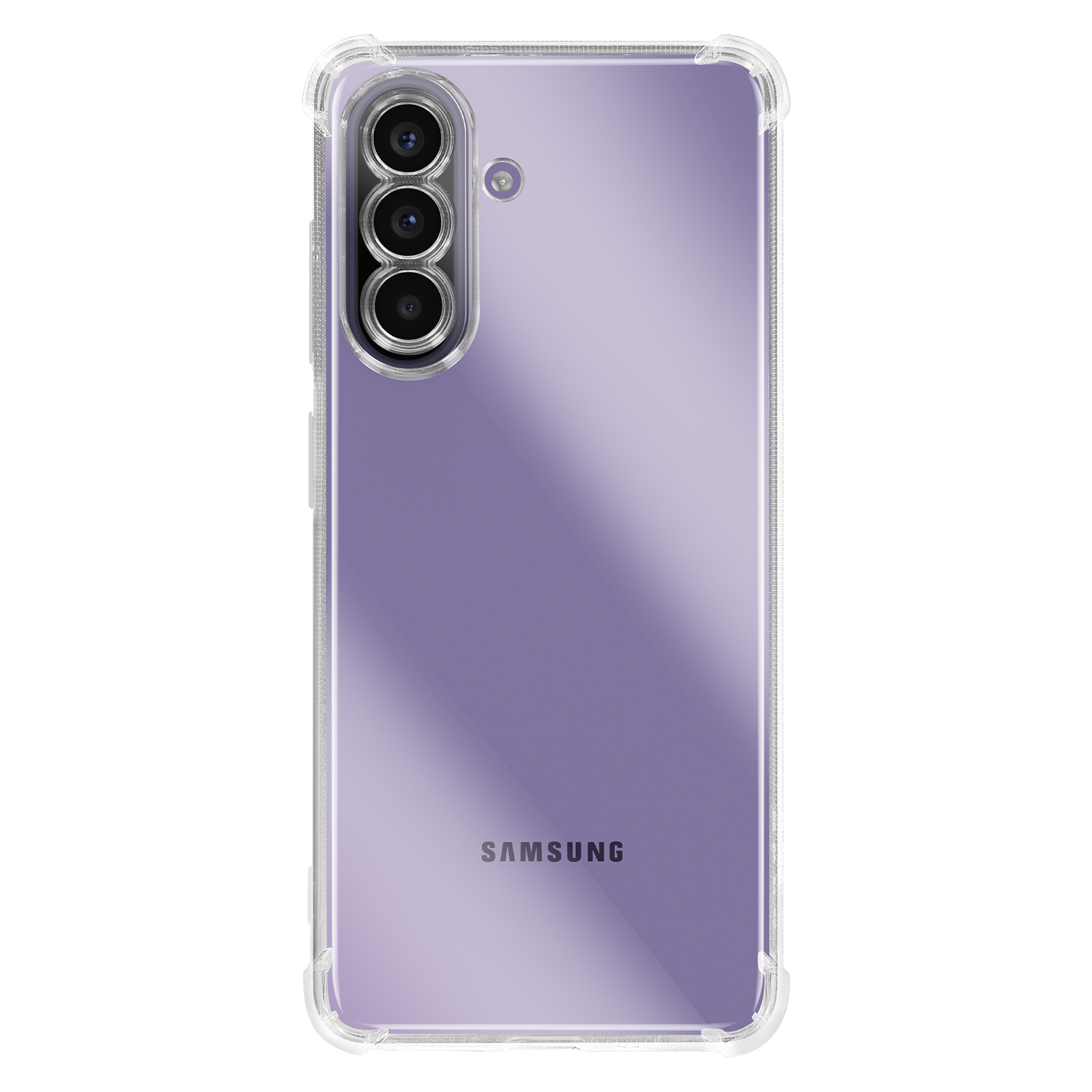 Un telefono Samsung trasparente con tre fotocamere in una custodia trasparente.