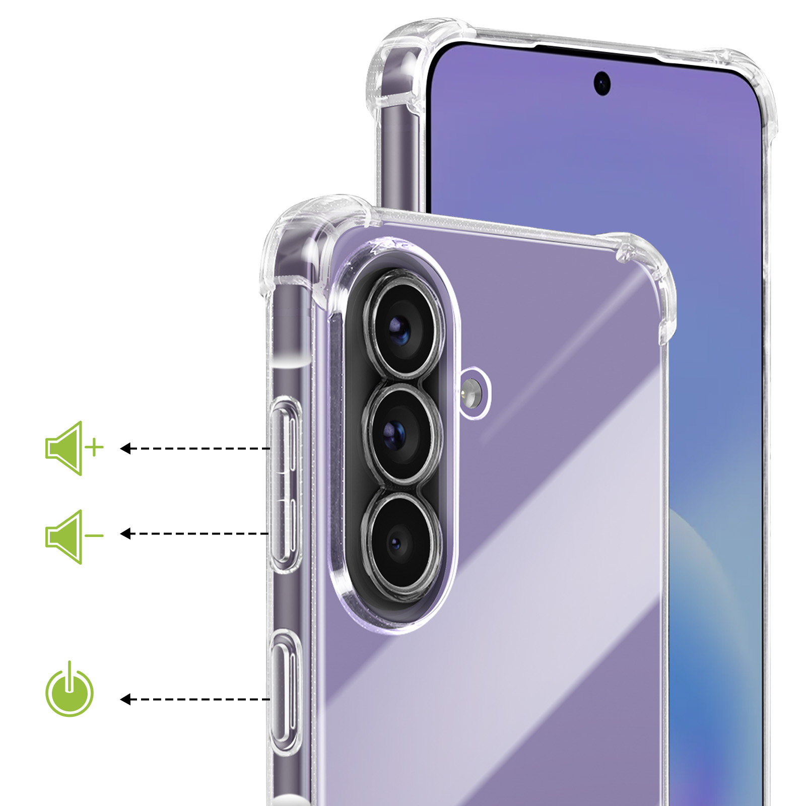Custodia trasparente per telefono con fotocamera, volume e pulsanti di accensione.