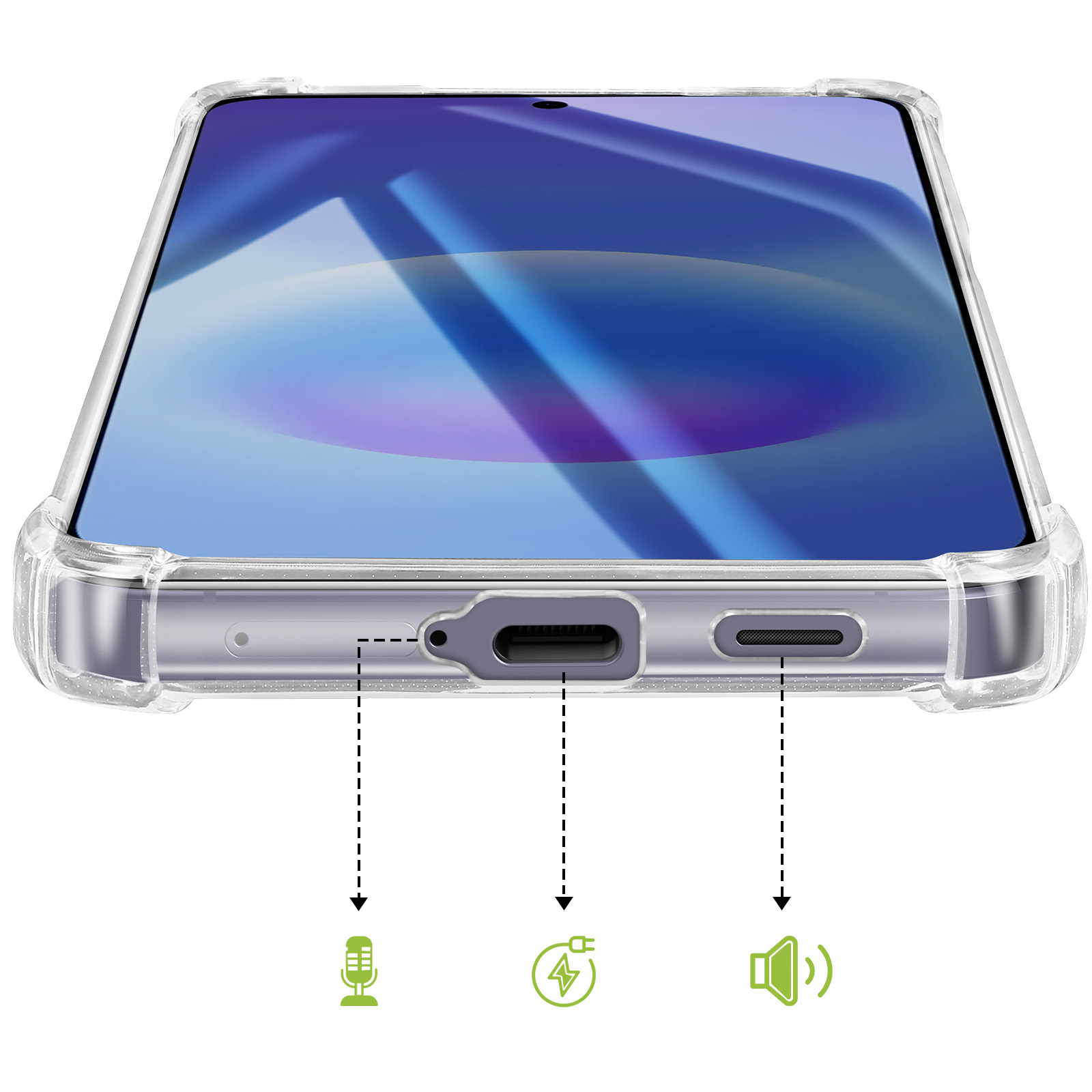 Custodia trasparente per telefono con icone microfono, ricarica e altoparlante.