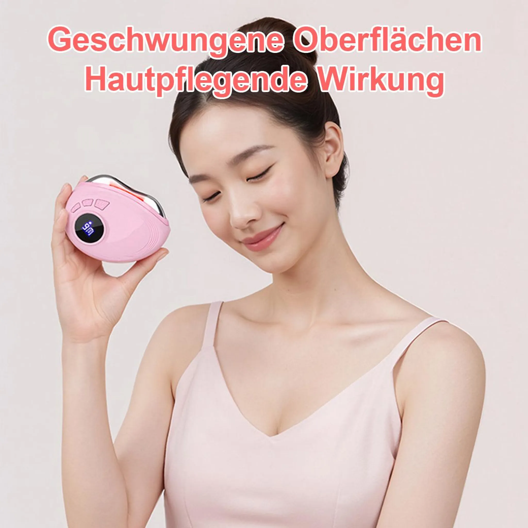Eine Frau hält ein rosafarbenes Hautpflegegerät mit Display.