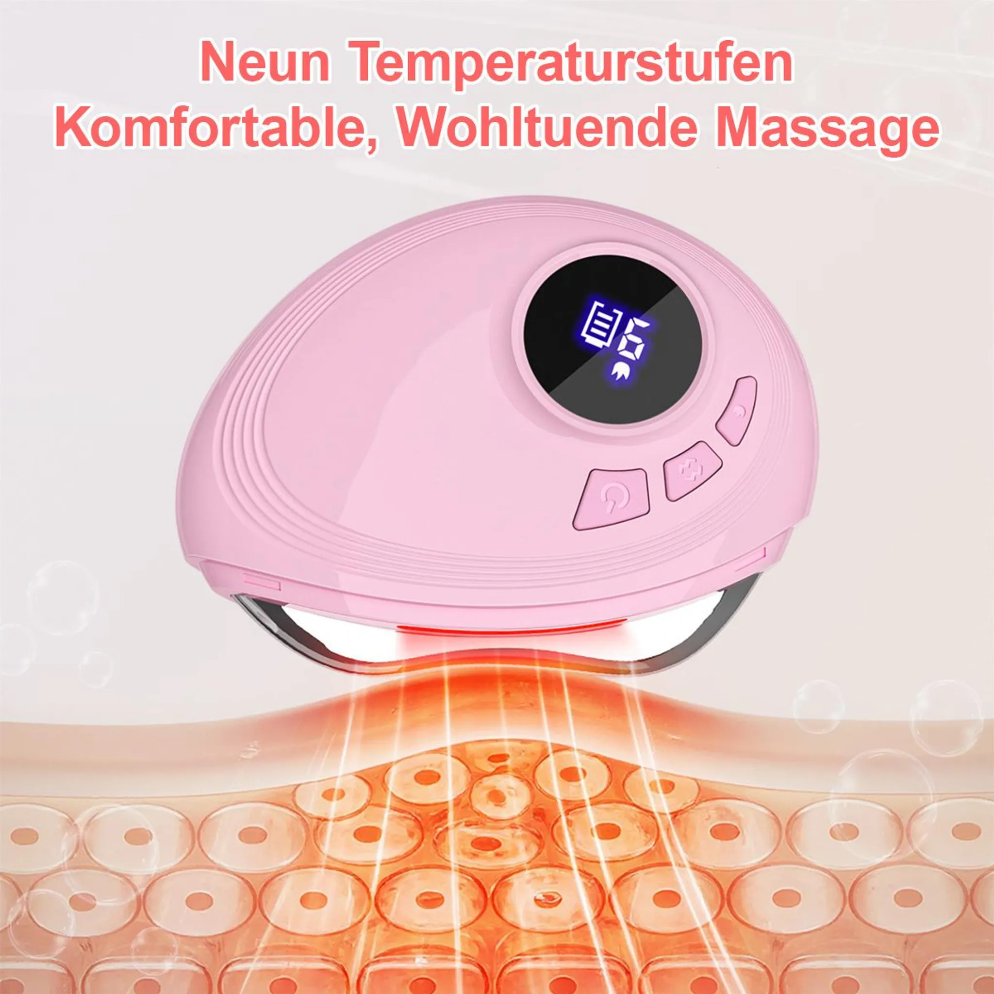 Ein rosafarbener Massagegerät mit digitaler Anzeige über Hautzellen.