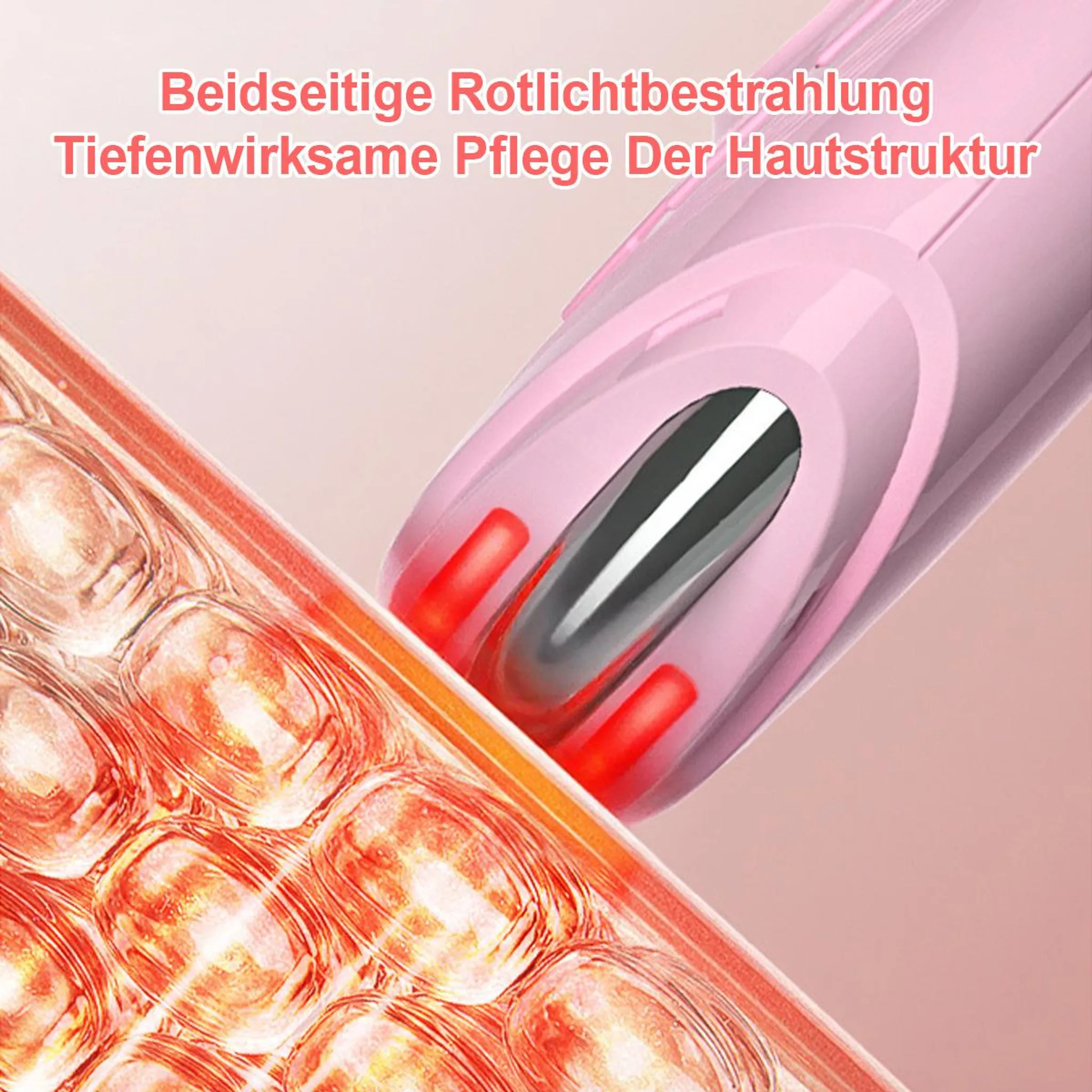 Rosa Hautpflegegerät mit roten Lichtern über einer Hautschicht.