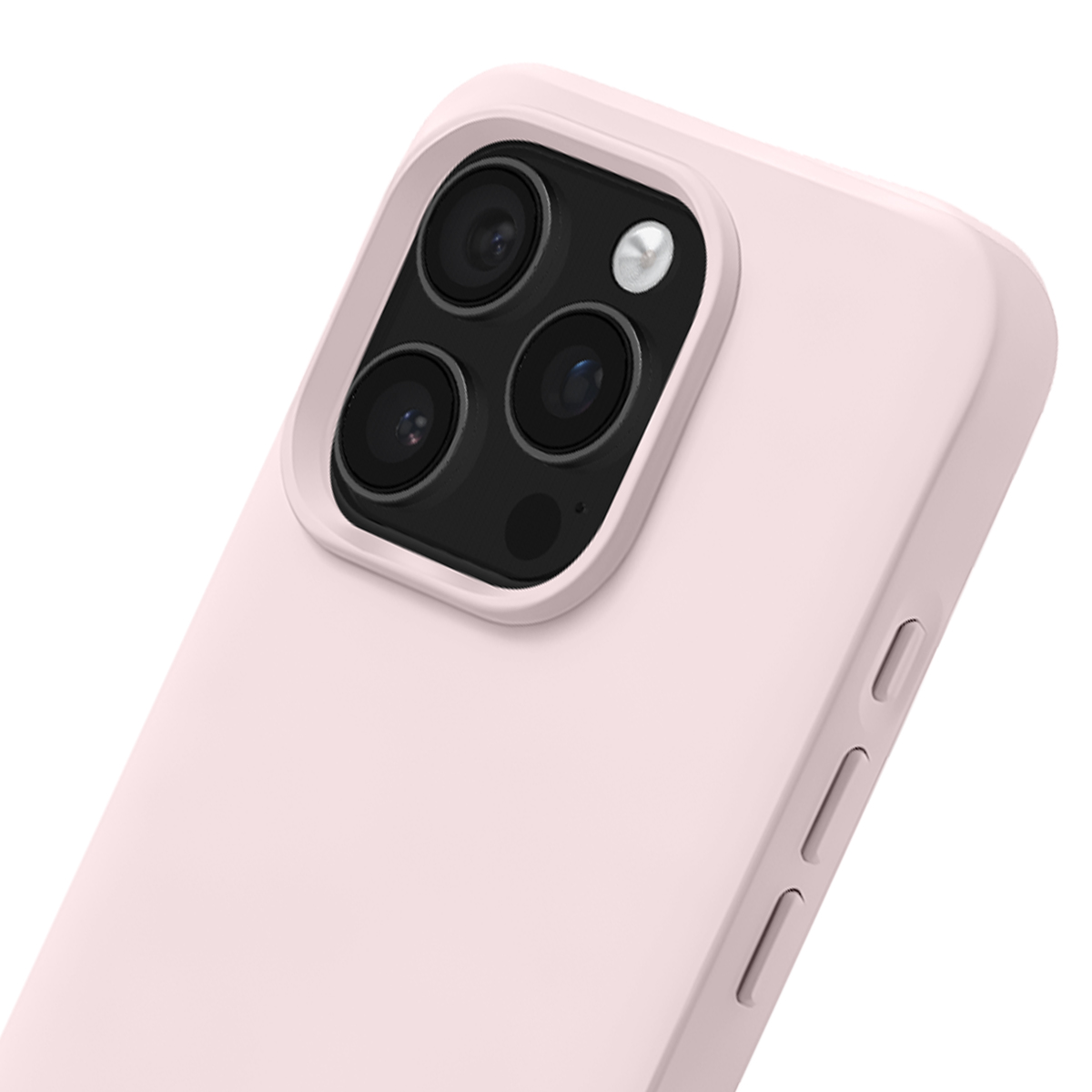 Primo piano di una cover per telefono rosa con tripla fotocamera e flash.