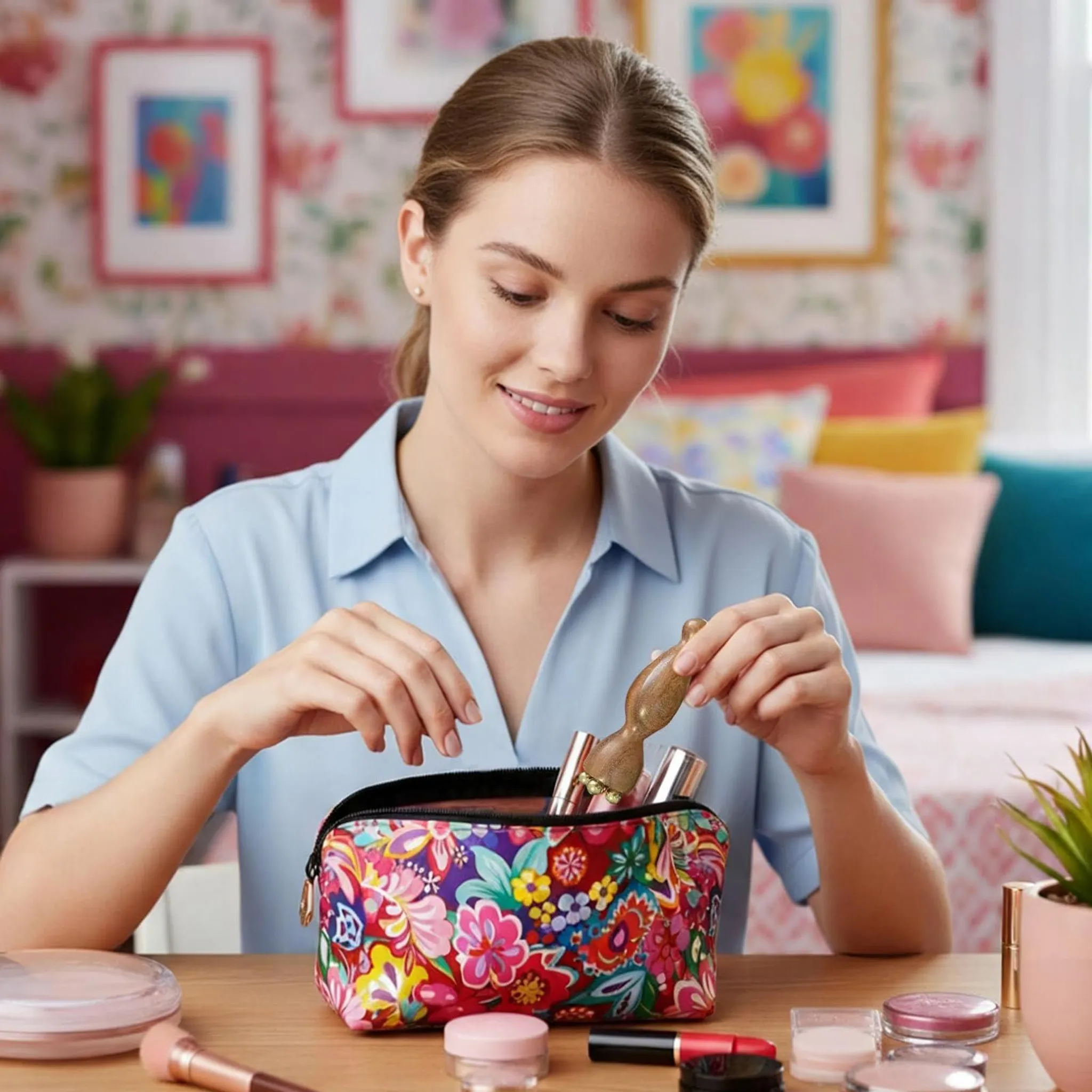 Eine Frau im blauen Hemd räumt Make-up in eine blumige Tasche. Ein Pinsel liegt daneben.