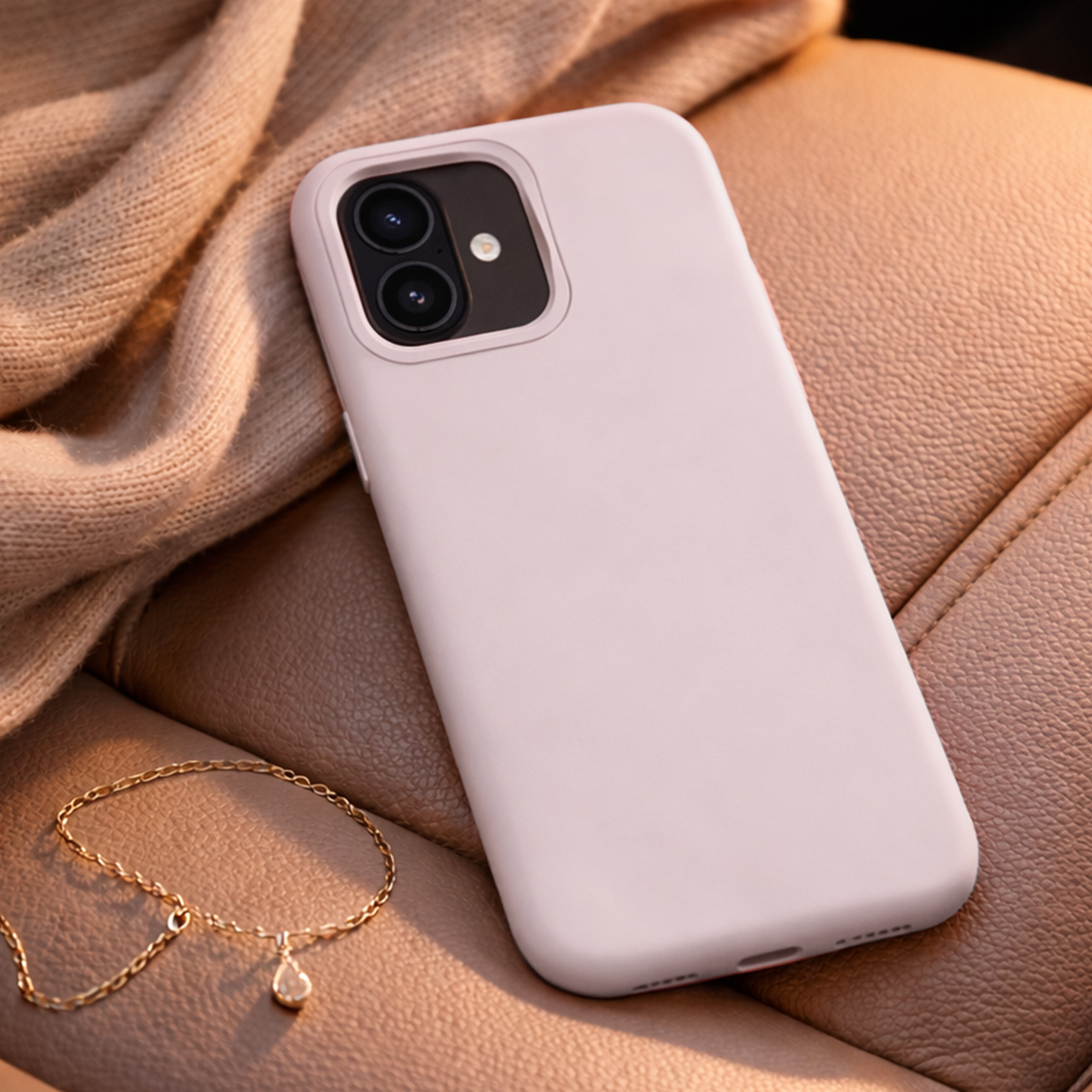Un iPhone rosa chiaro su pelle marrone accanto a una collana d'oro.