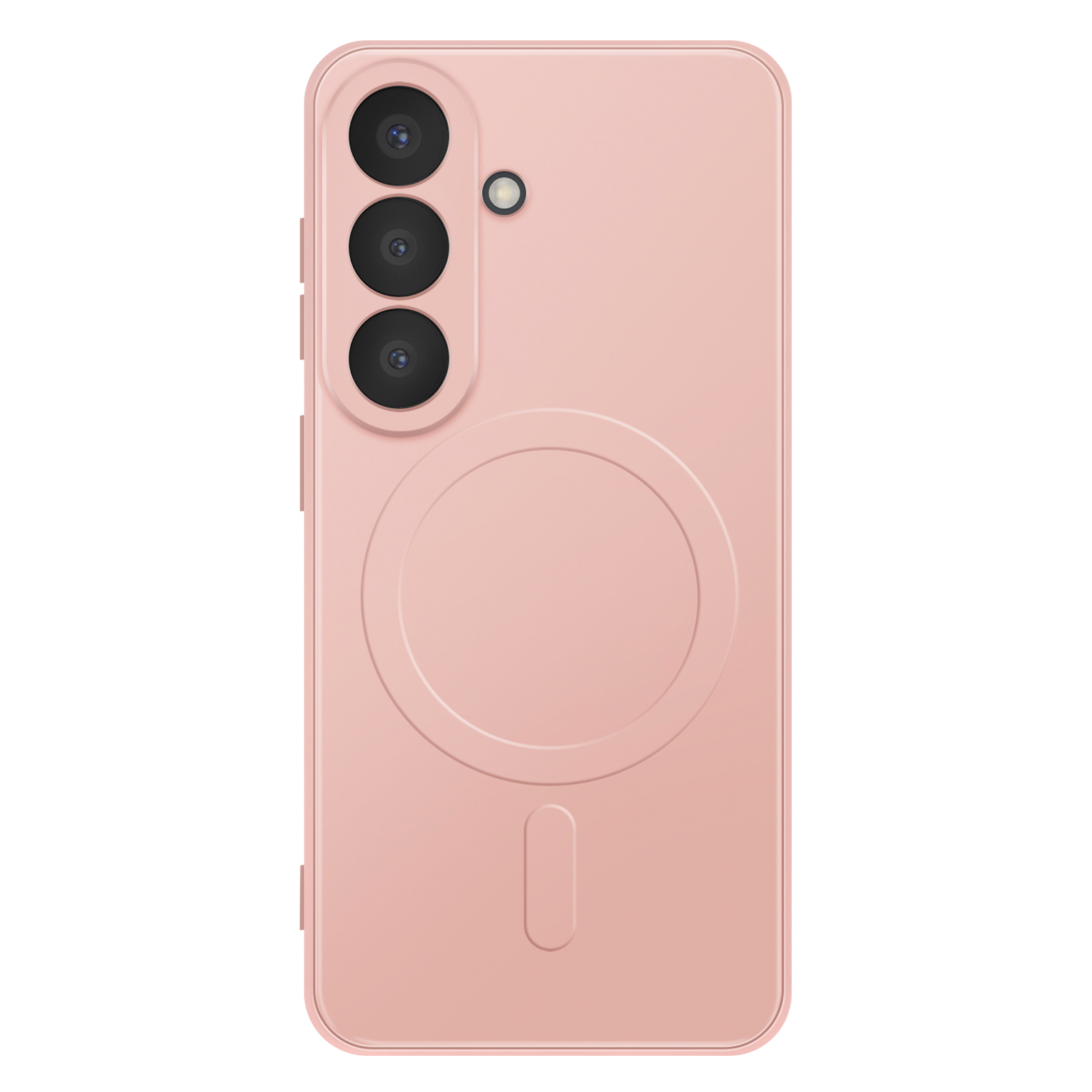 Roze telefoonachterkant met drie camera's en een flitser.