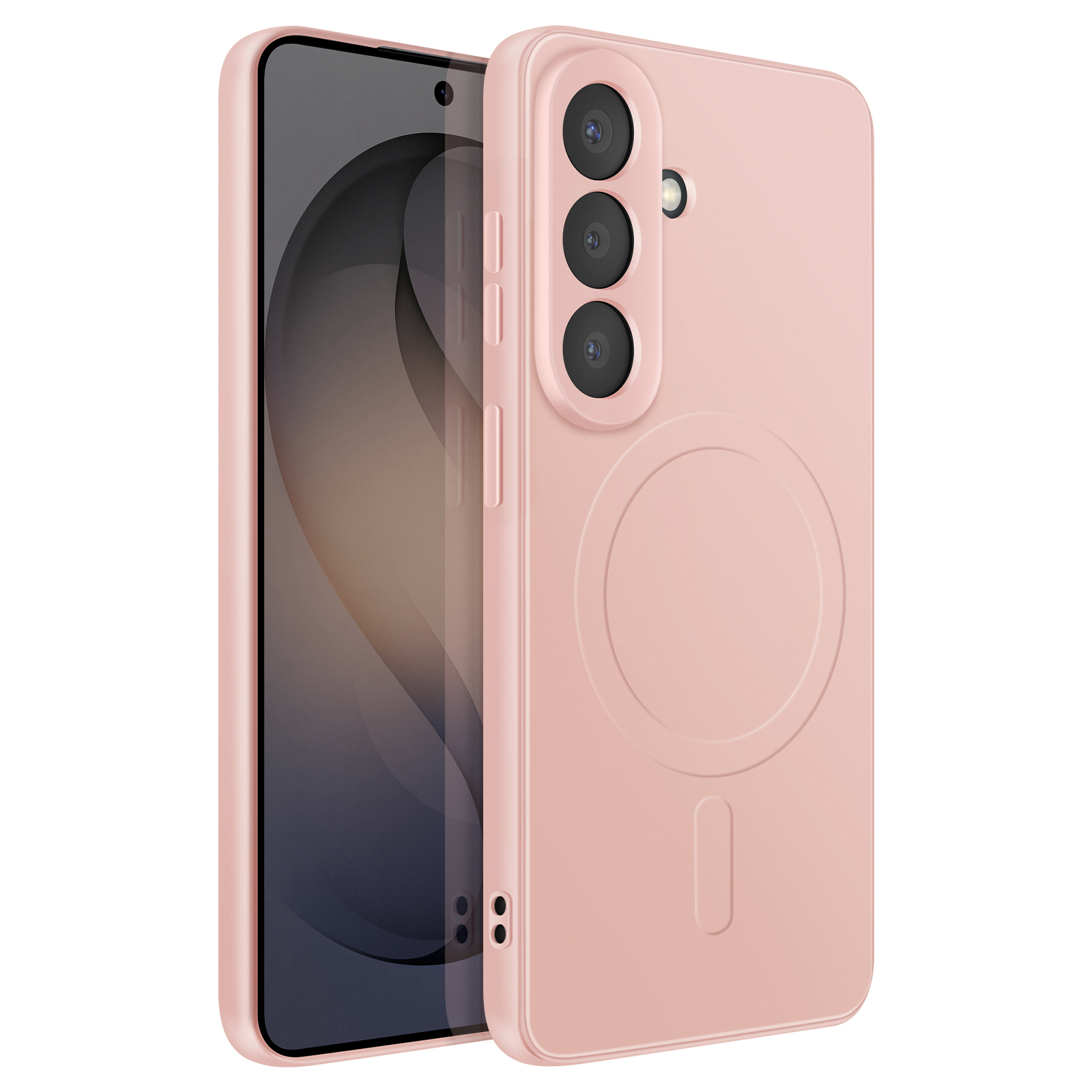Een roze smartphone met camera's en een cirkelvormig patroon op de achterkant.