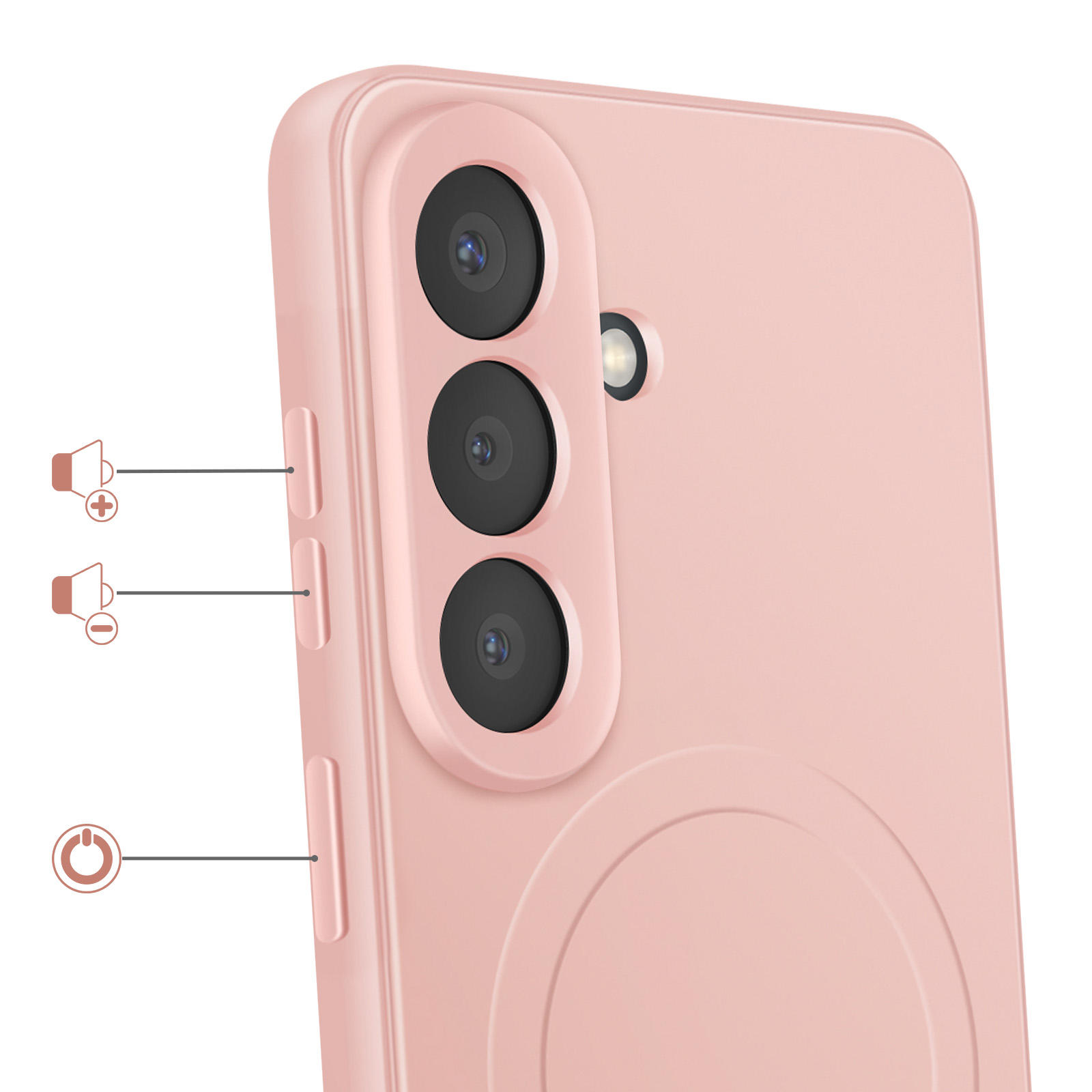 Close-up van een roze telefoonhoes met drievoudige camera's en volumeknoppen.