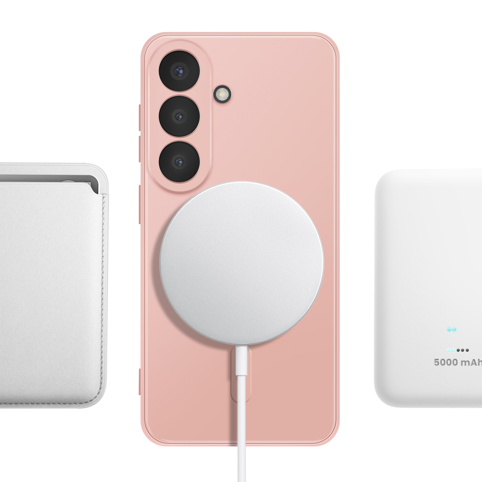 Een roze smartphone met drie camera's, een witte MagSafe-oplader en een witte powerbank.