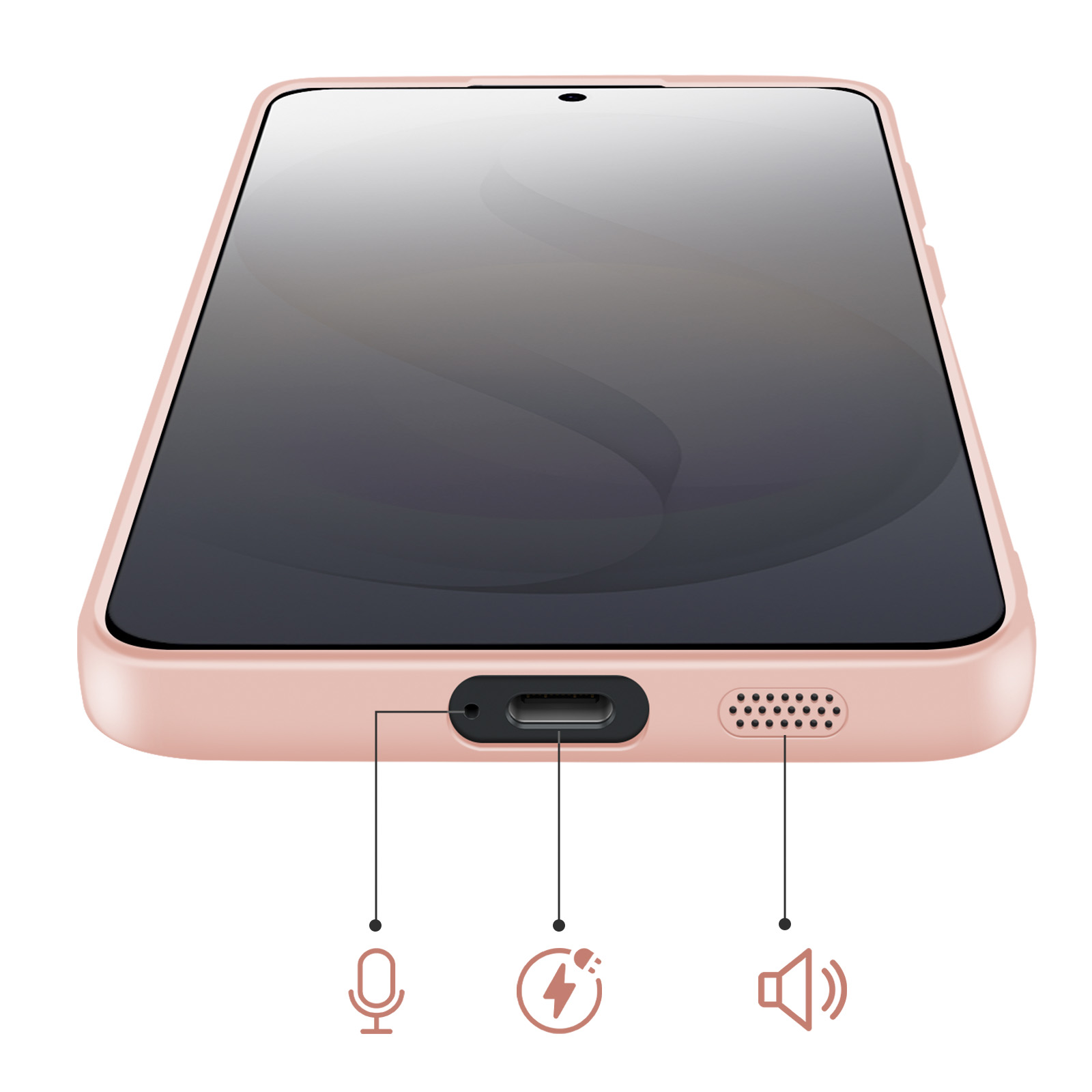 Een roségouden smartphone met oplaadpoort, microfoon en luidspreker.