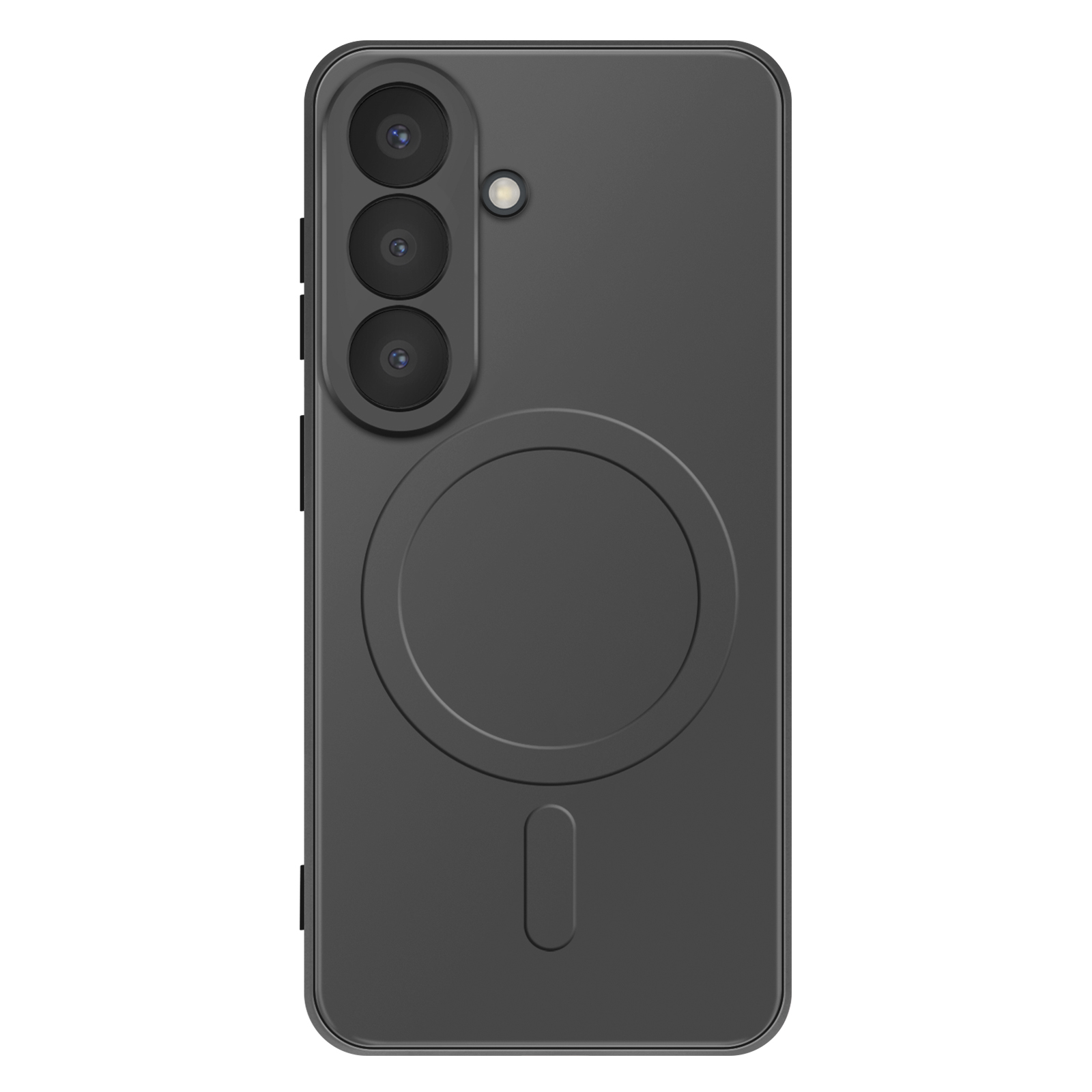 Donkergrijs telefoonhoesje met drie camera's en cirkelvormige uitsparing.