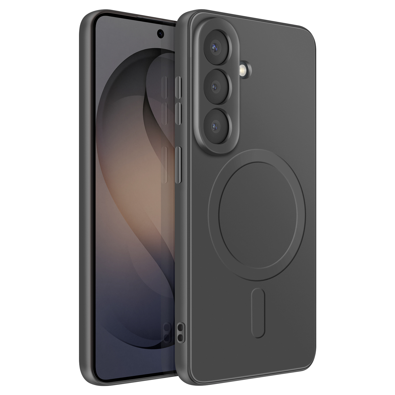 Een zwarte smartphone met een magnetische ring op de achterkant, op een witte achtergrond.