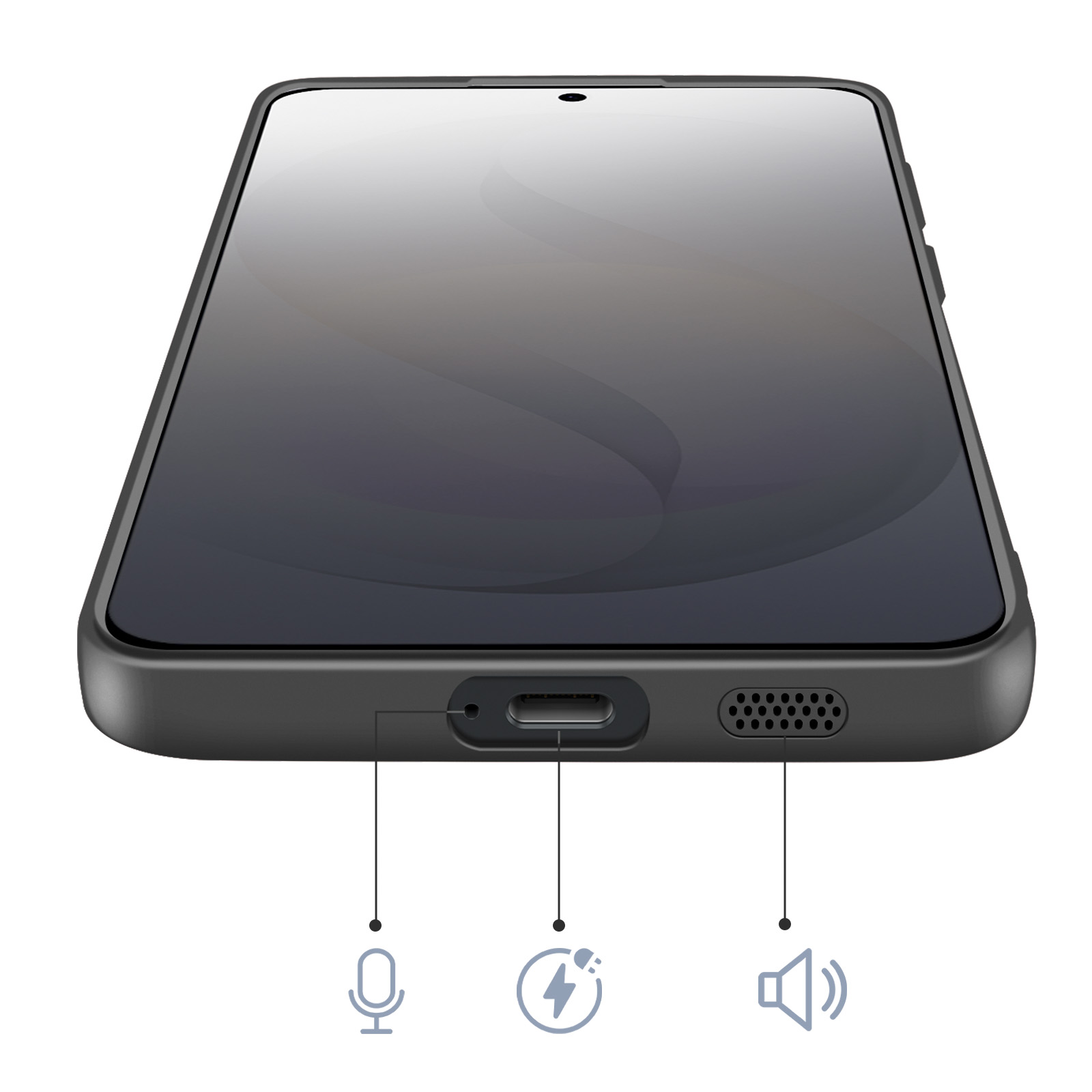 Onderkant van een zwarte smartphone met microfoon-, laad- en luidsprekerpictogrammen.