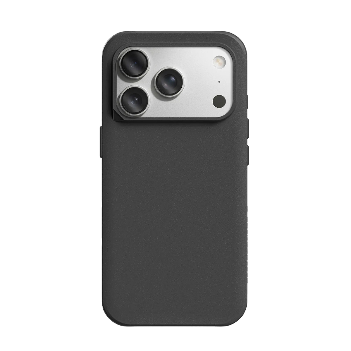 Custodia iPhone grigio scuro con ritaglio tripla fotocamera e accento argento.
