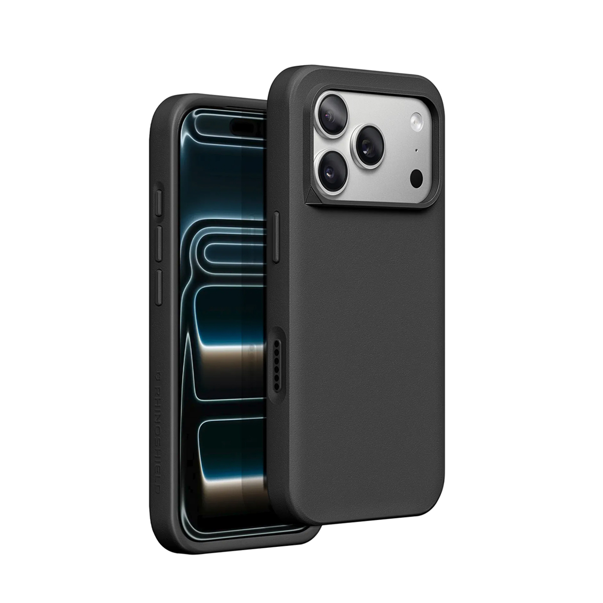 Custodia nera per telefono con tre obiettivi della fotocamera e parte dello schermo su sfondo bianco.