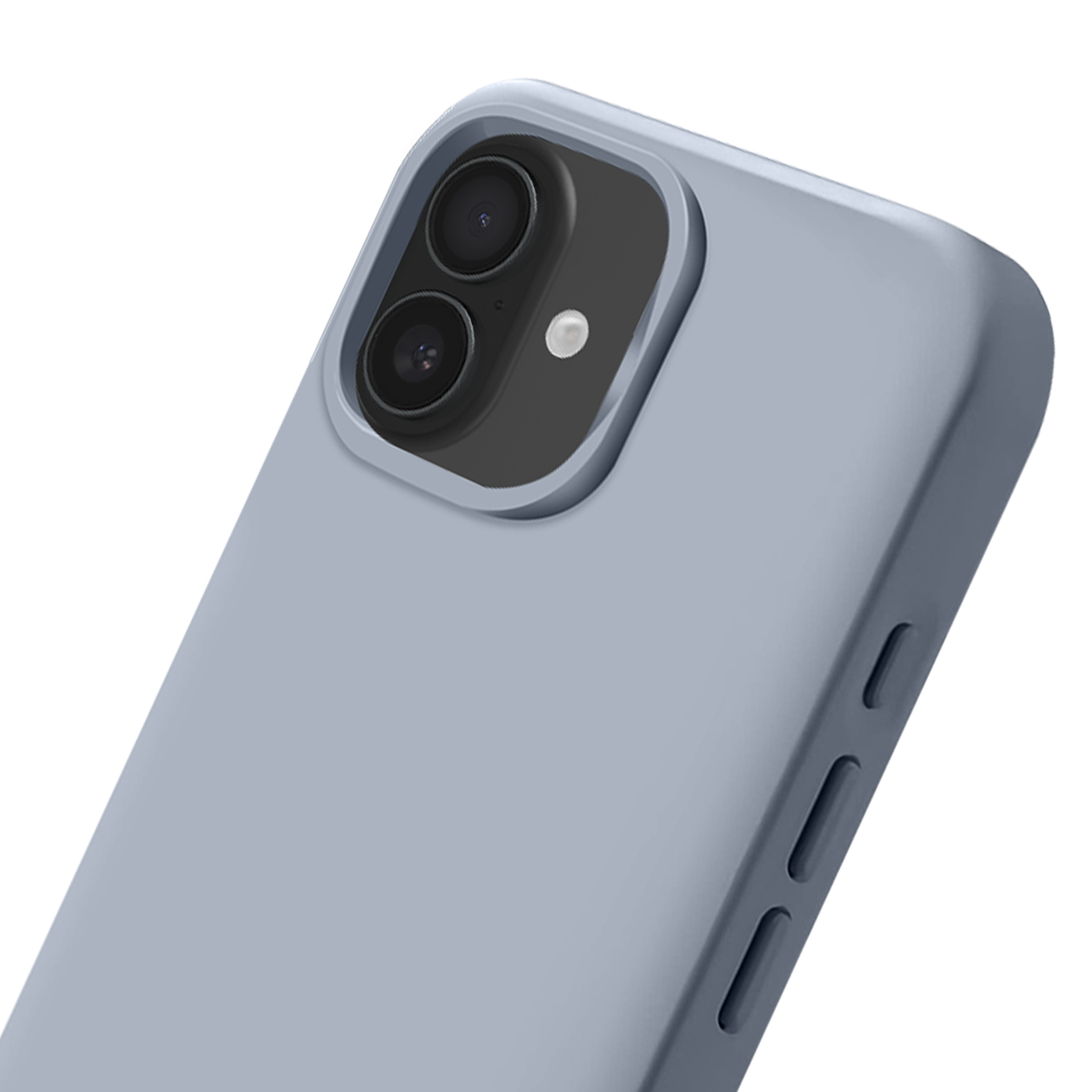 Cover grigia per telefono con modulo doppia fotocamera e pulsanti laterali.