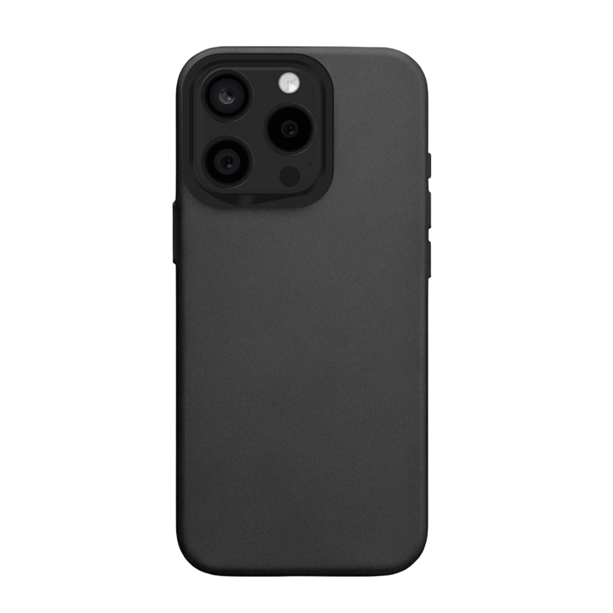 Coque de téléphone noire avec trois caméras et flash sur fond blanc.