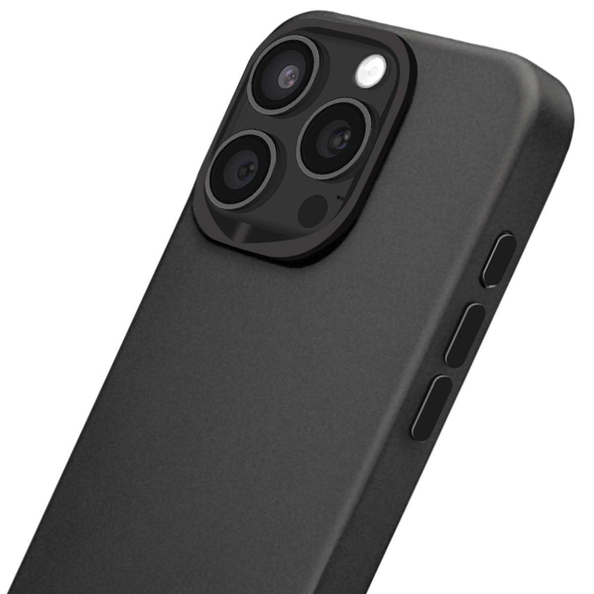 Coque de téléphone noire avec trois objectifs de caméra et flash sur fond blanc.