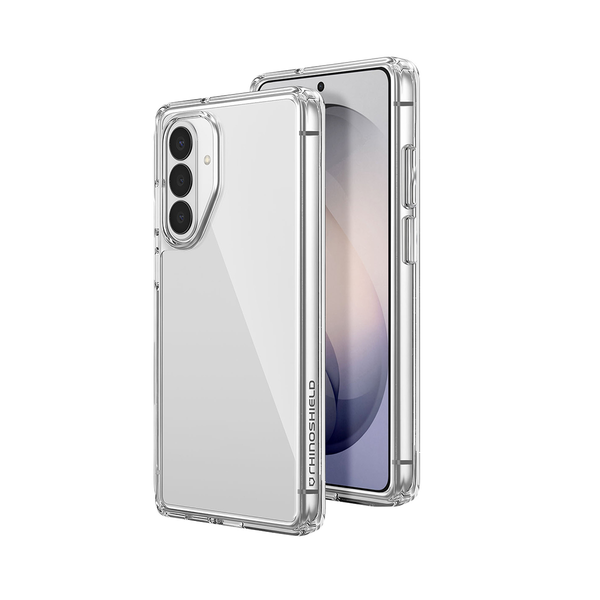 Transparante telefoonhoes met drie camera's aan de achterkant en zijknopjes.