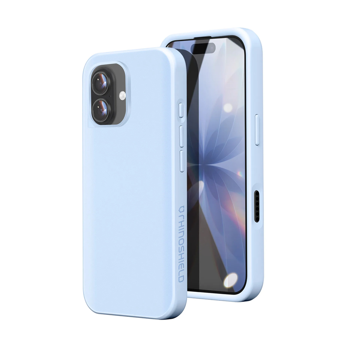 Due custodie per telefono azzurro chiaro una accanto all'altra, una sul telefono.