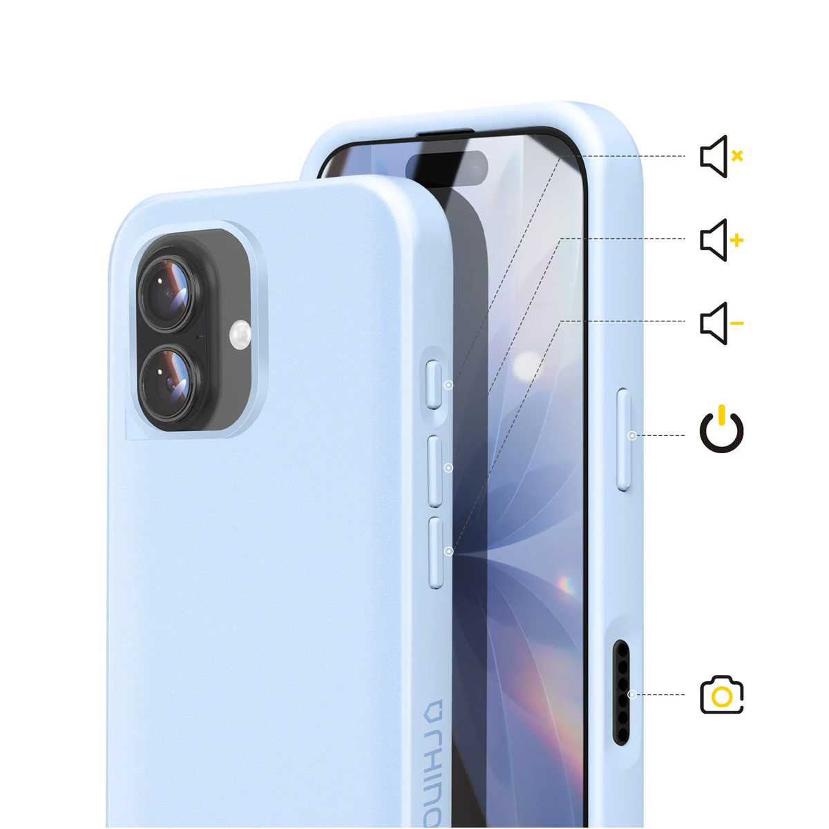Custodia per telefono azzurra con doppia fotocamera posteriore e pulsanti laterali.