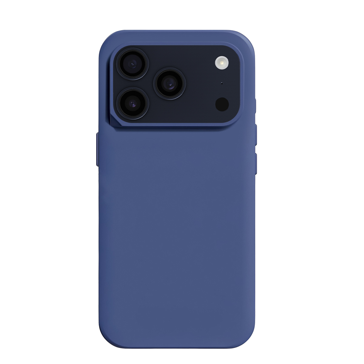 Eine blaue Handyhülle mit einem Dreifachkameramodul und Blitz.