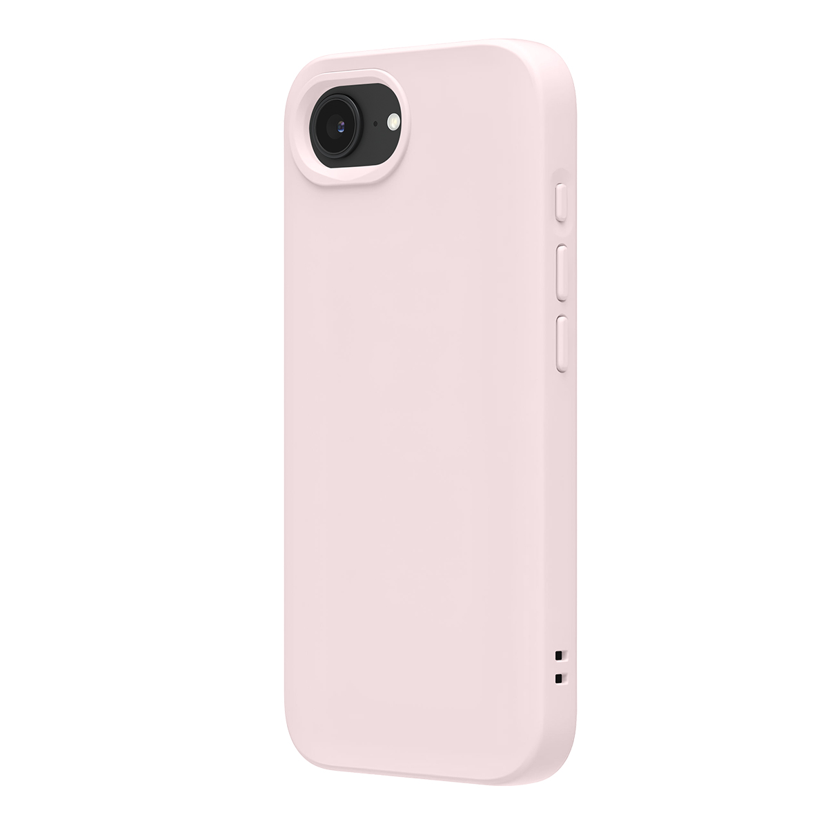 Una cover rosa chiaro per iPhone con obiettivo e flash sul retro.