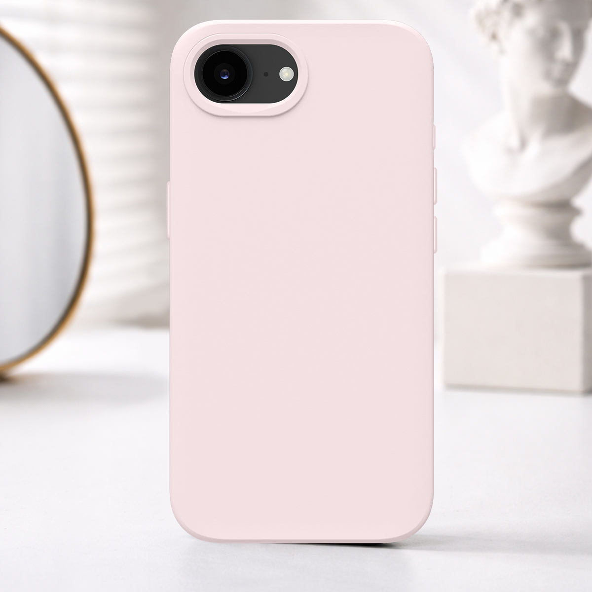Una cover per telefono rosa chiaro con una singola lente e flash.