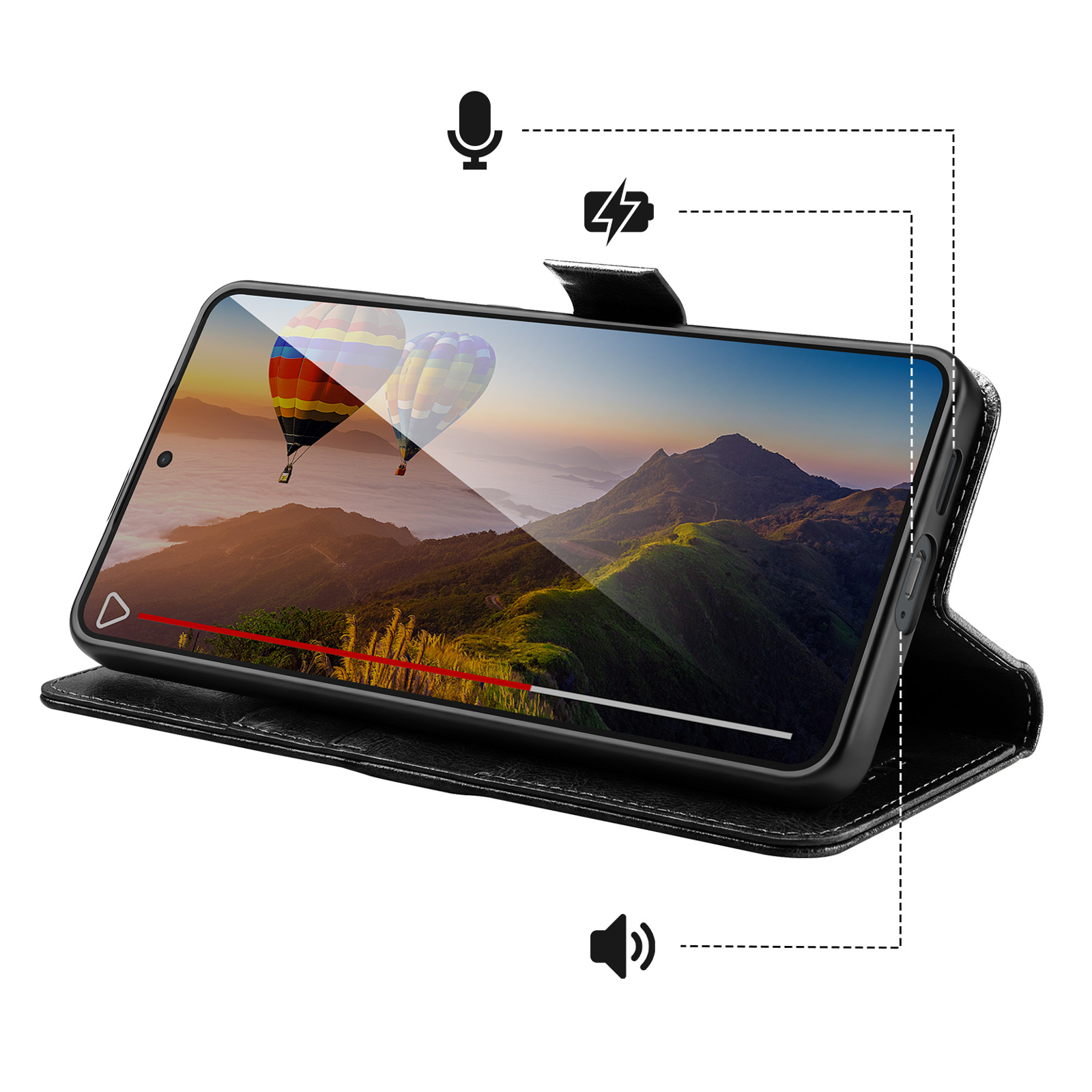 Uno smartphone in custodia nera mostra palloncini su montagne.