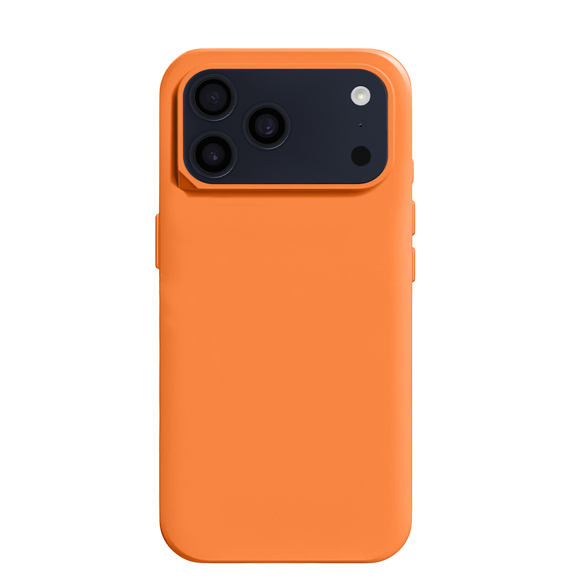 Custodia arancione per telefono con modulo fotocamera scuro e tre lenti.
