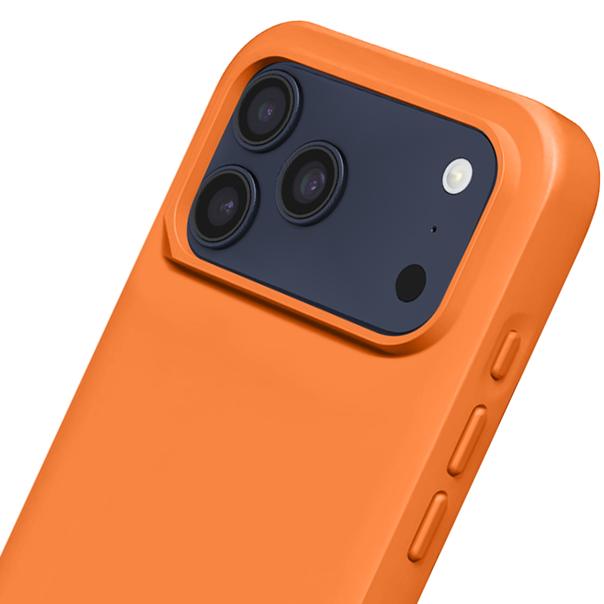 Primo piano di una custodia per telefono arancione con modulo fotocamera scuro.