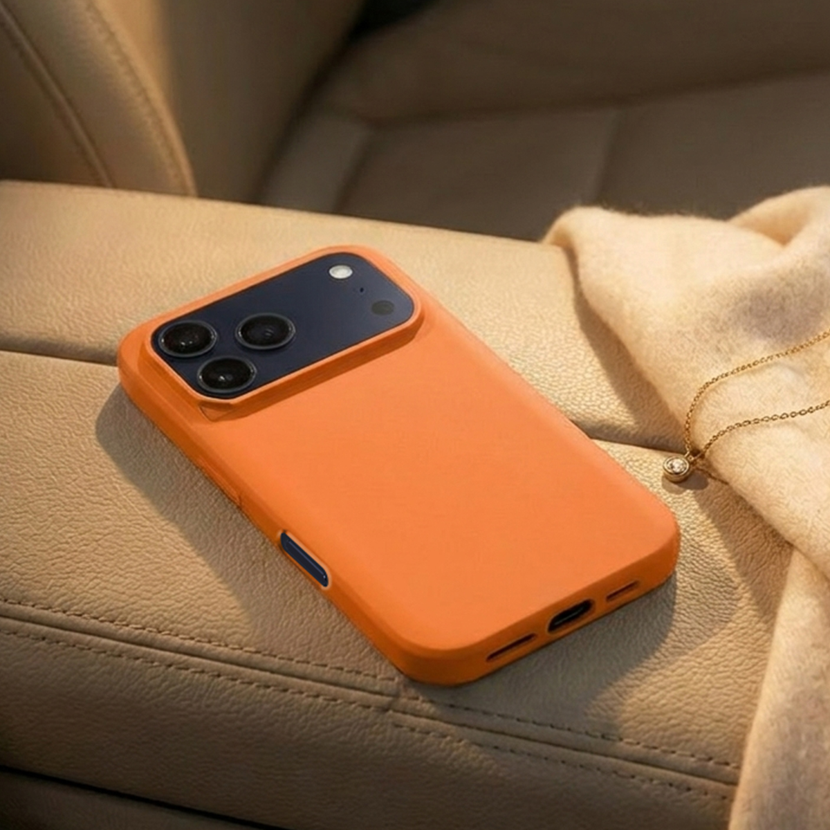 Custodia arancione per telefono con tre fotocamere su sedile in pelle.